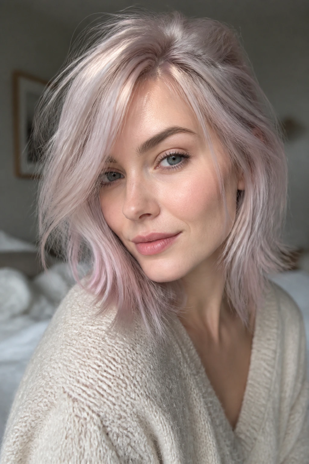 Close-up portrait of a real woman with rosy-silver platinum hair and cool skin