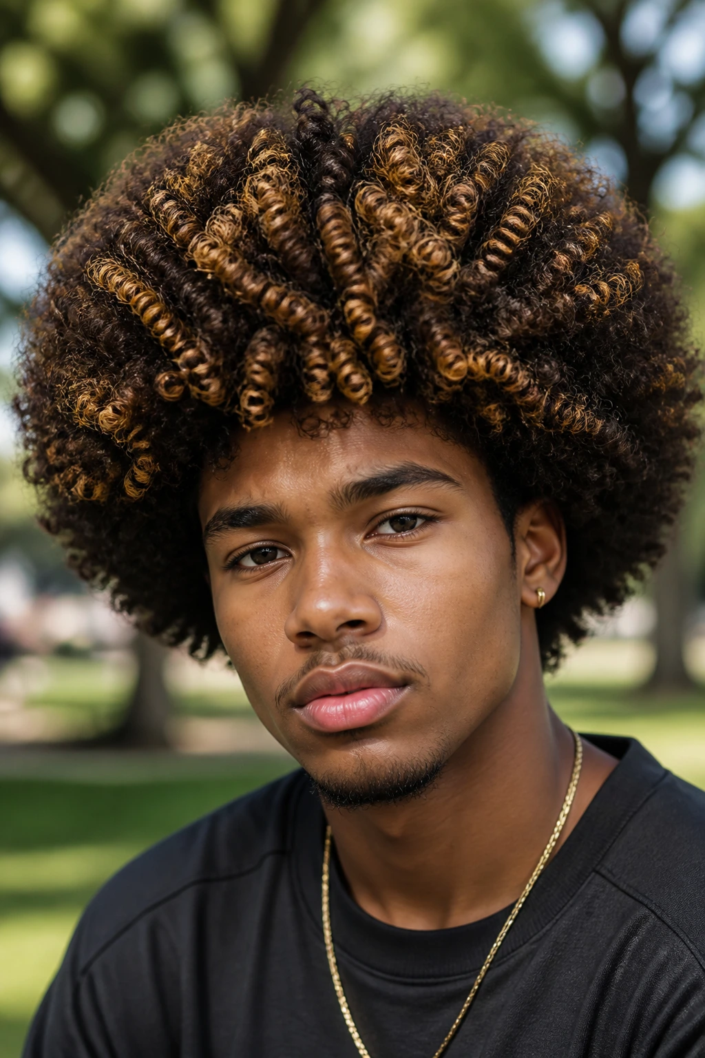 Close-up of a real person with round afro and honey ribbon highlights