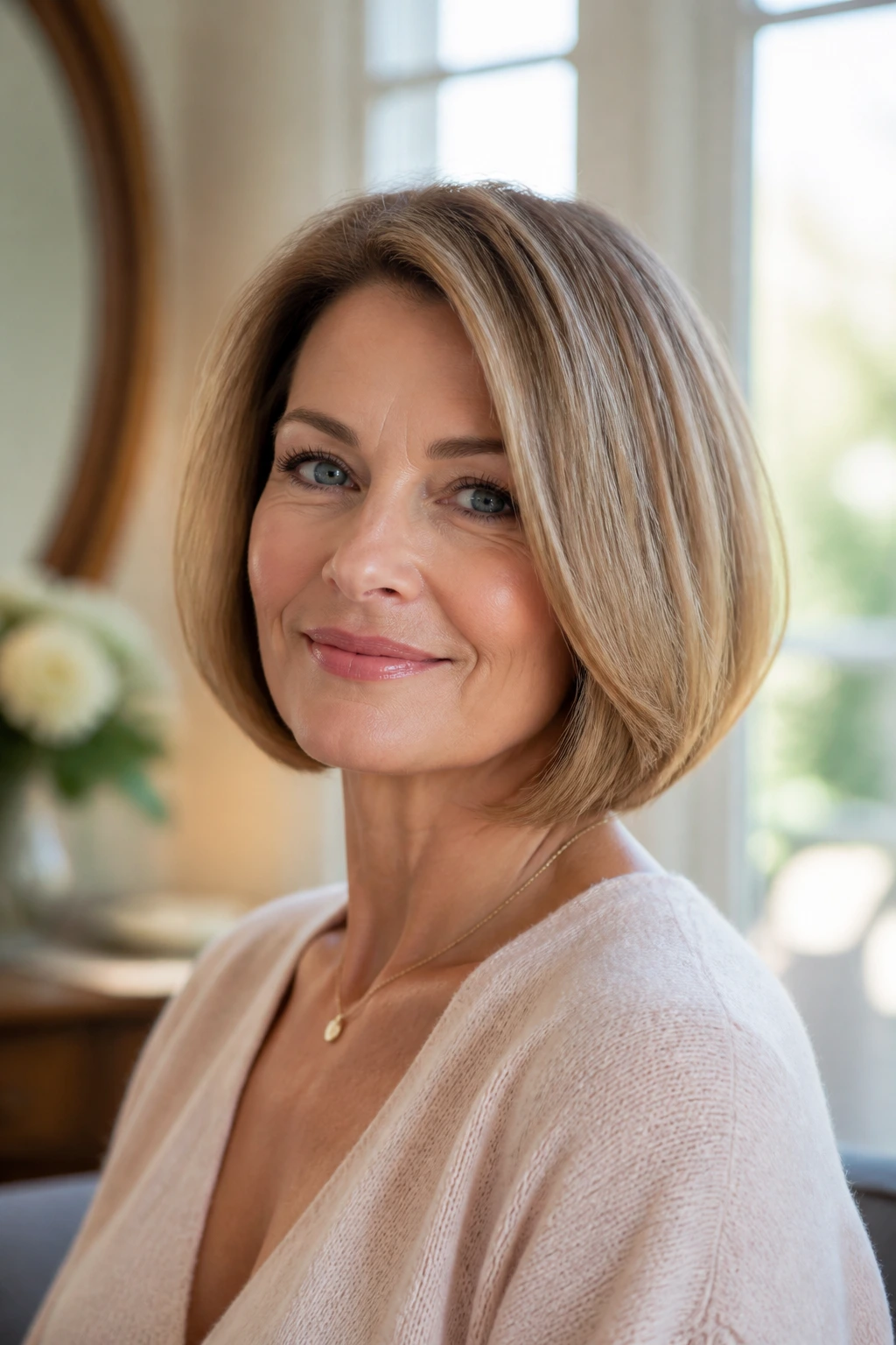 Close-up portrait of a real woman with a round bob showing fullness and blunt edge.