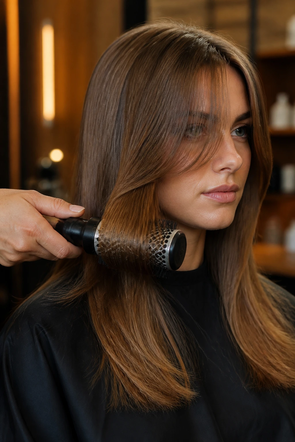 Close-up of a 1.25-inch round brush shaping curtain bangs on a real person in a salon