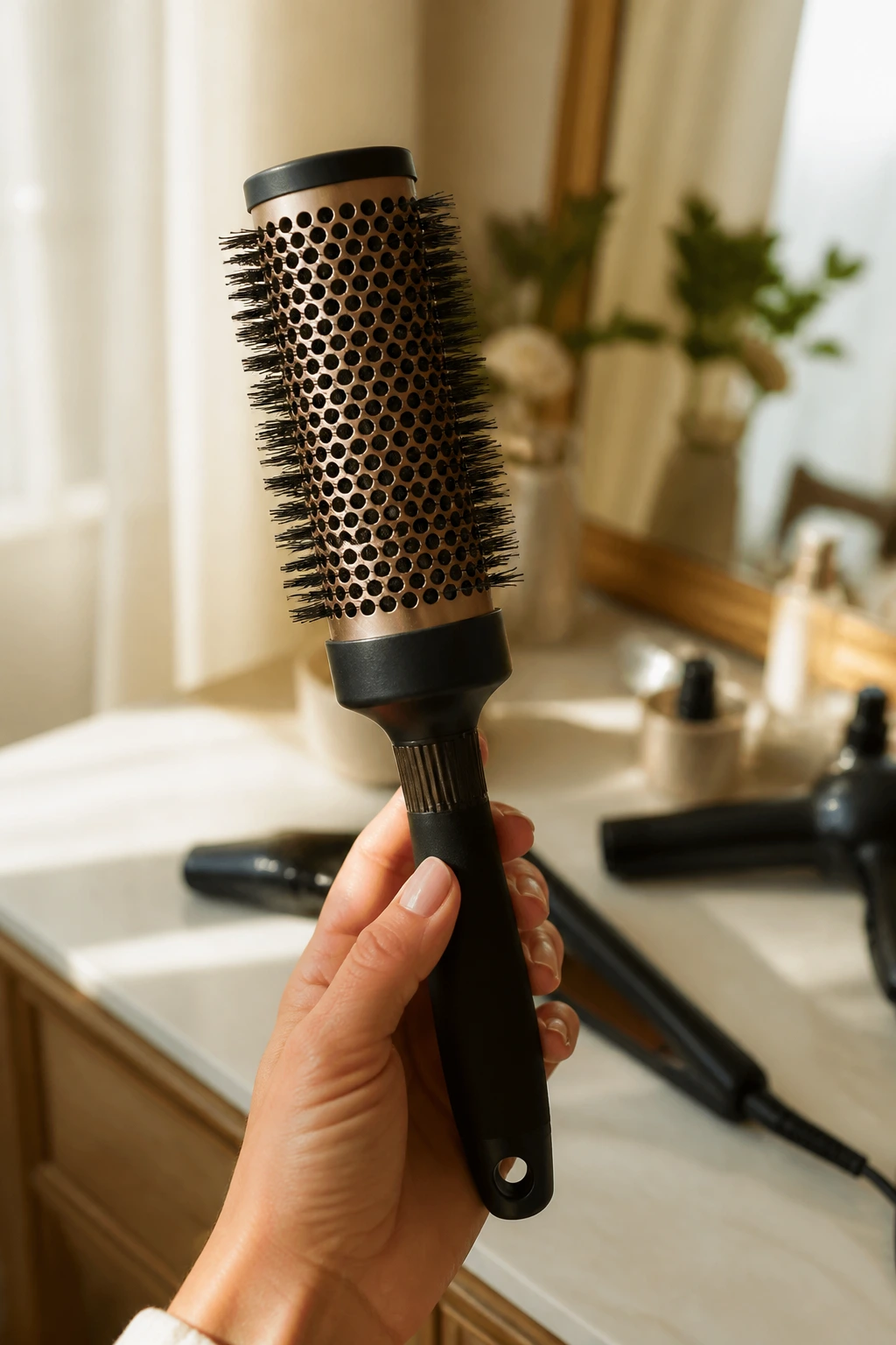 Hand holding round brush for bangs in a home setting