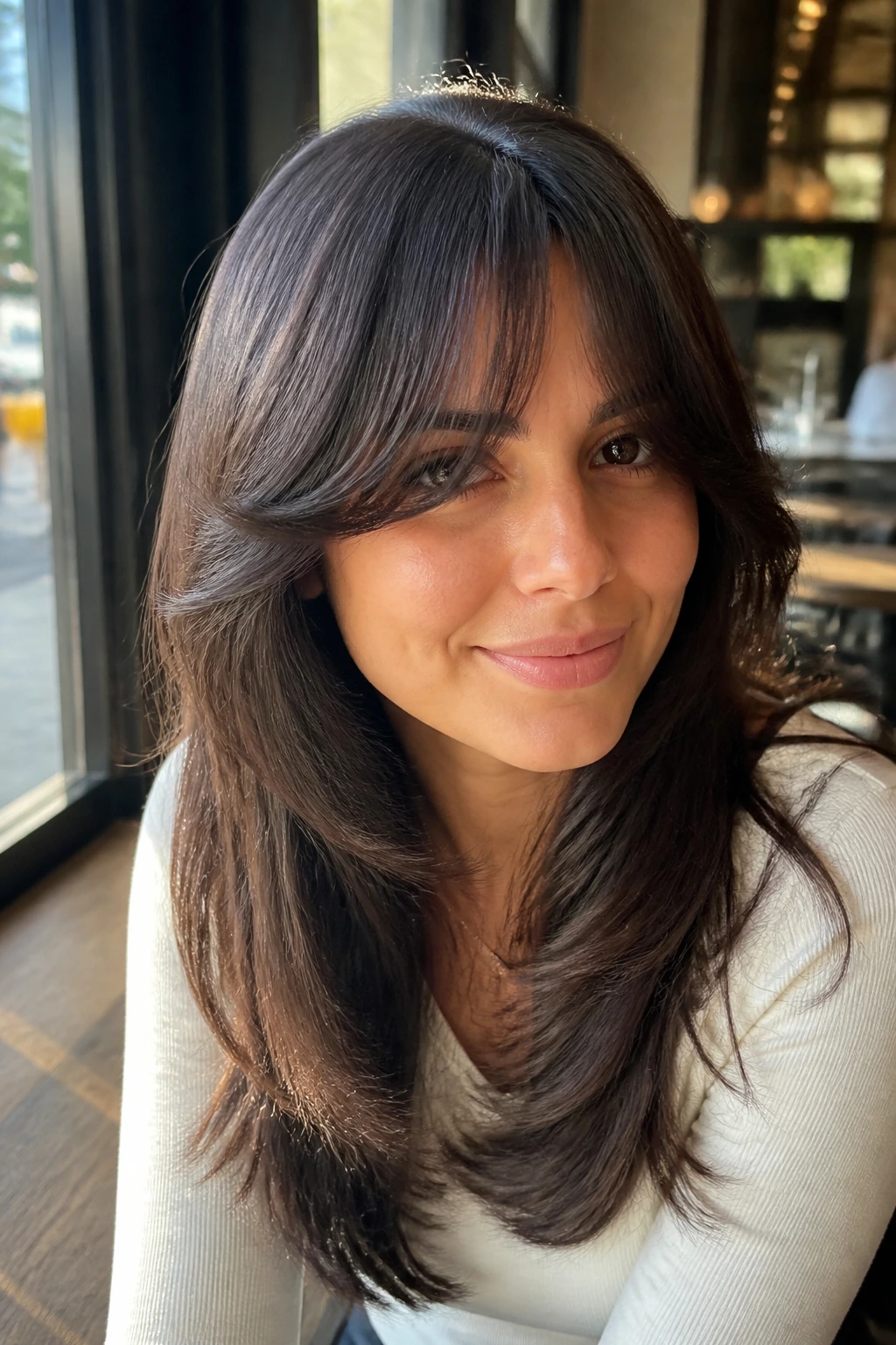Close-up of round-brush blowout bangs on a real woman in a cafe setting