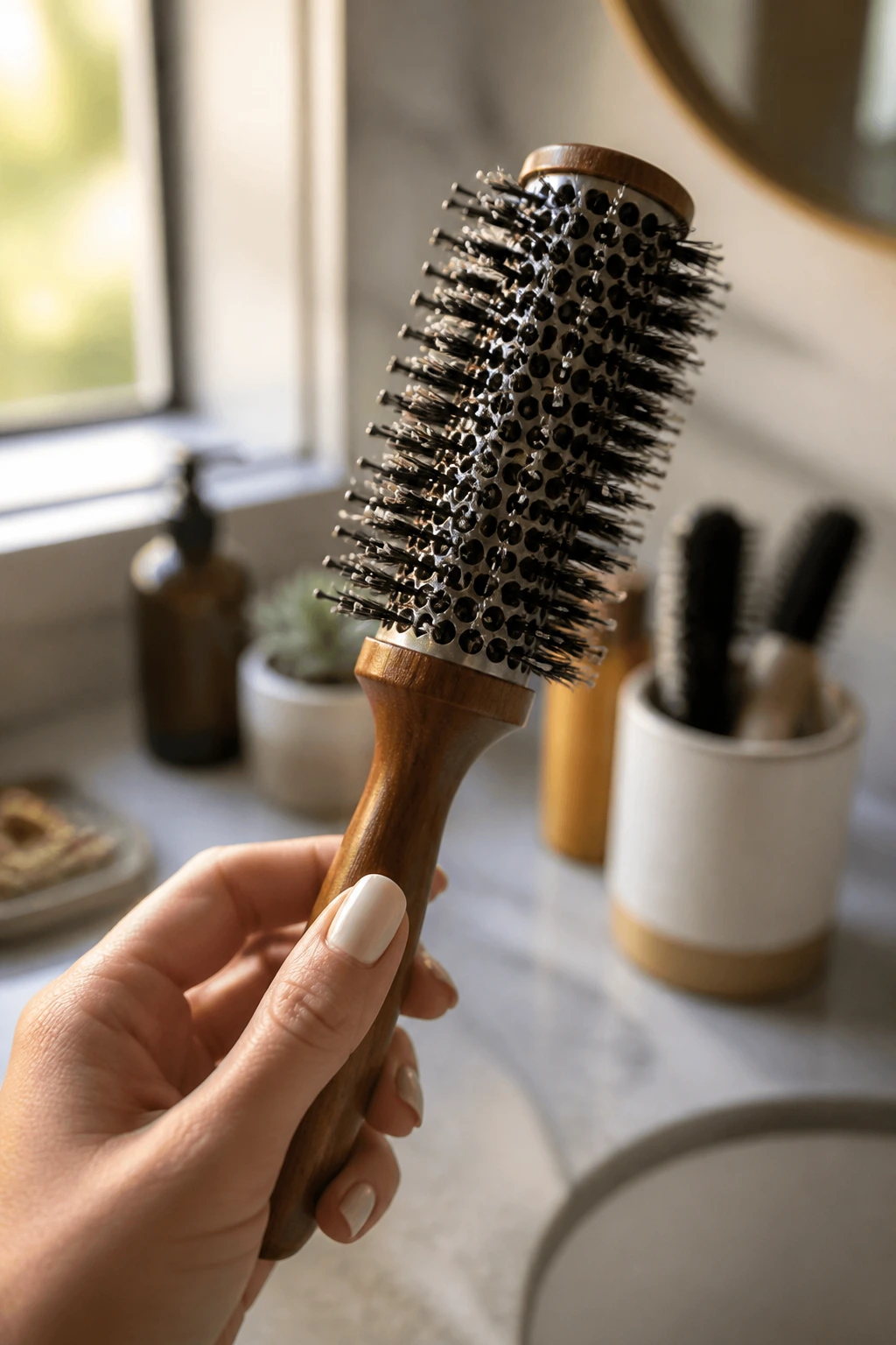 Close-up of a small round brush held in hand for bangs styling