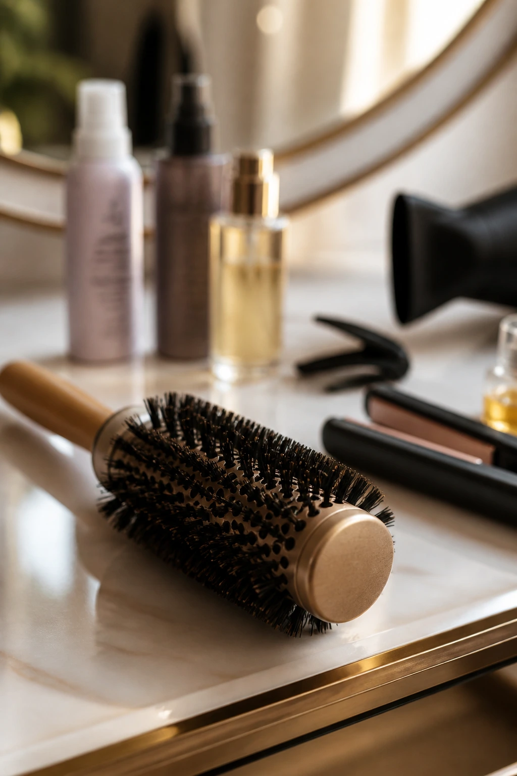 Close-up of a small round brush for bangs on a vanity