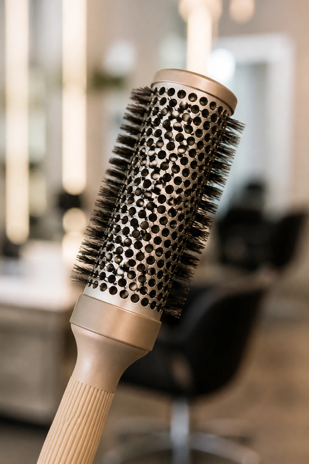 Close-up of a 1.25-inch round brush against a blurred salon background
