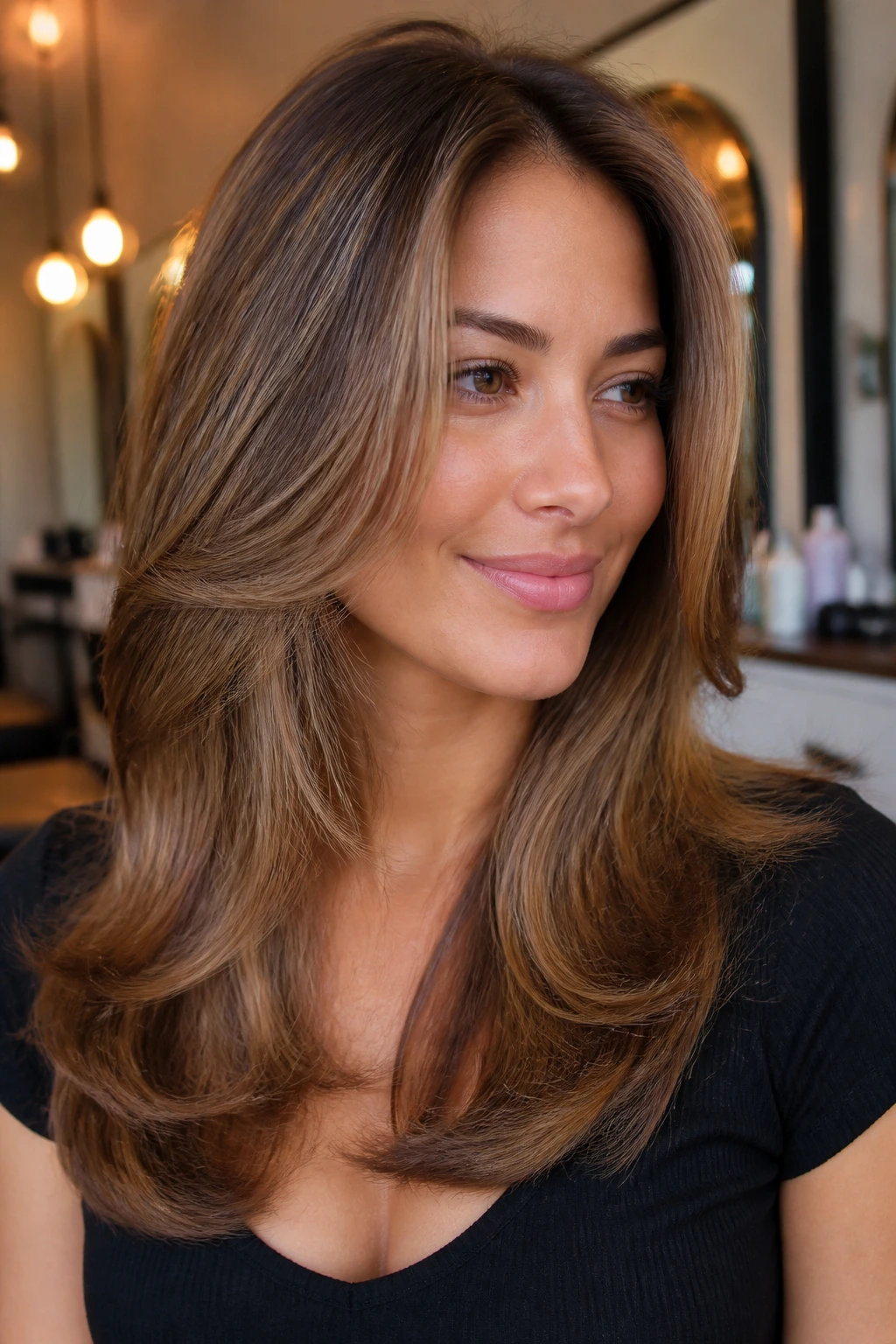 Close-up of a woman with a round-brush blowout cut, lifted crown and smooth front
