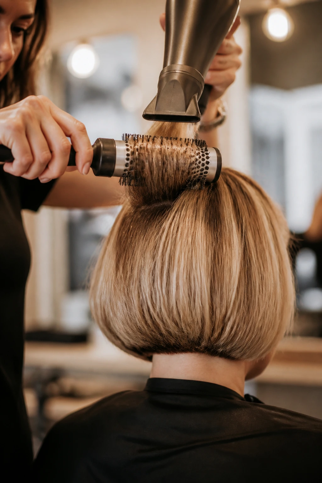 Close-up of a round brush used on a bob in a salon
