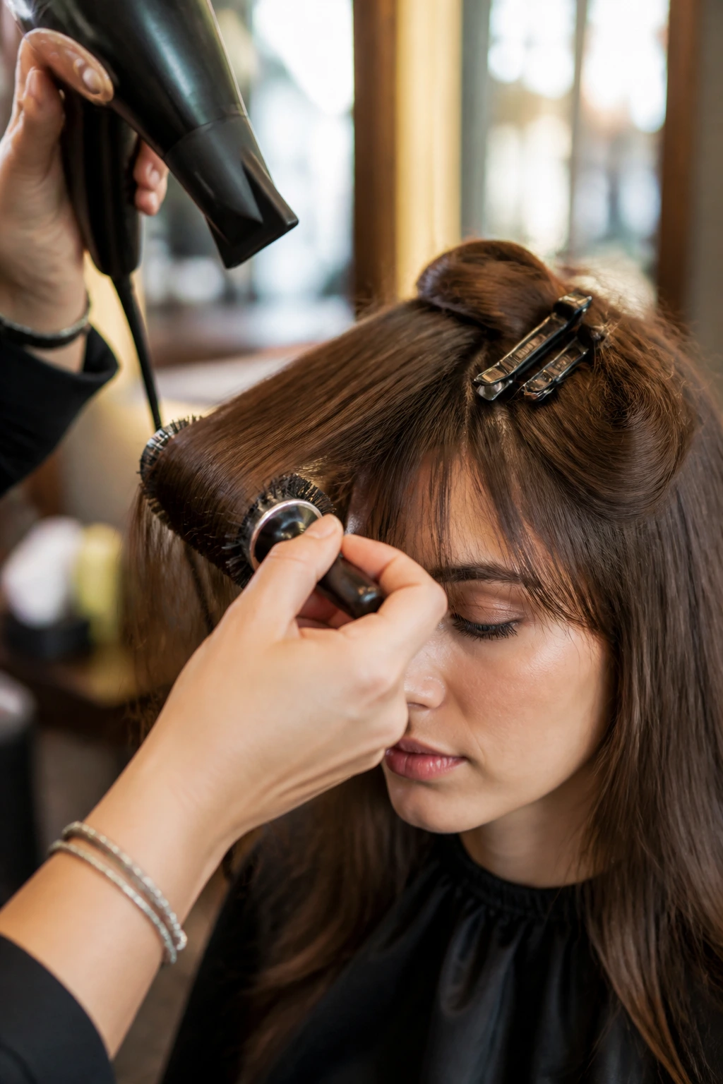 Hands using a round brush on bangs with clips nearby in a salon