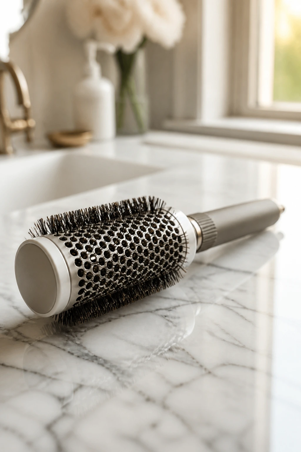 Close-up of a 1-inch round brush on a bathroom counter with natural light.