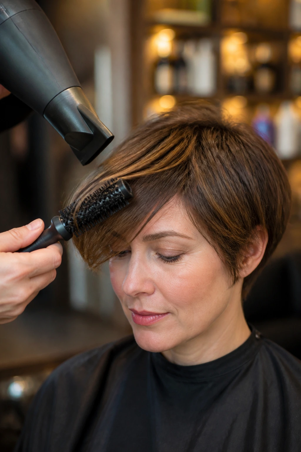 Fringe styling tools used on a real person’s bangs in a salon
