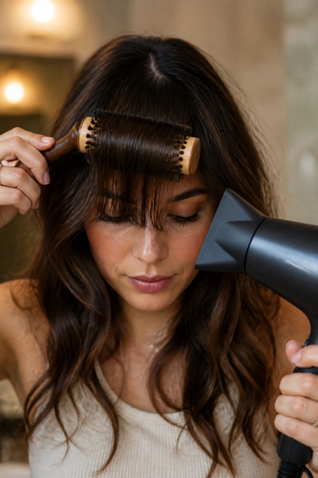 Close-up of styling tools near bangs being shaped on a real person