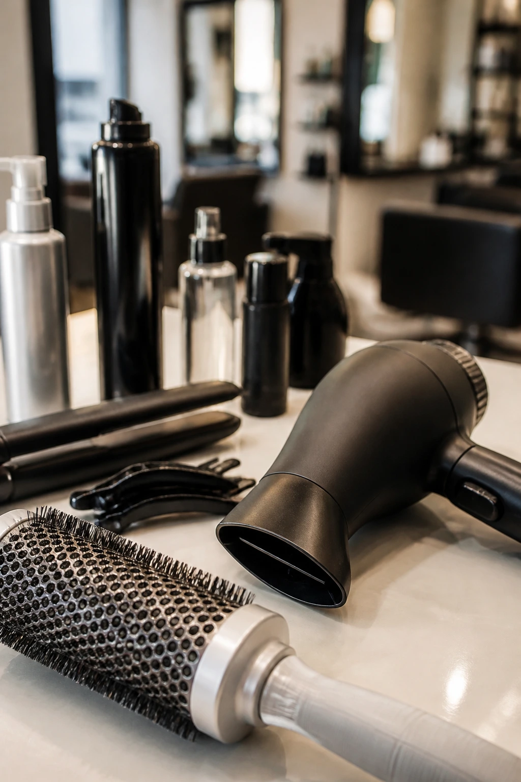 Close-up of hair styling tools in a salon setting