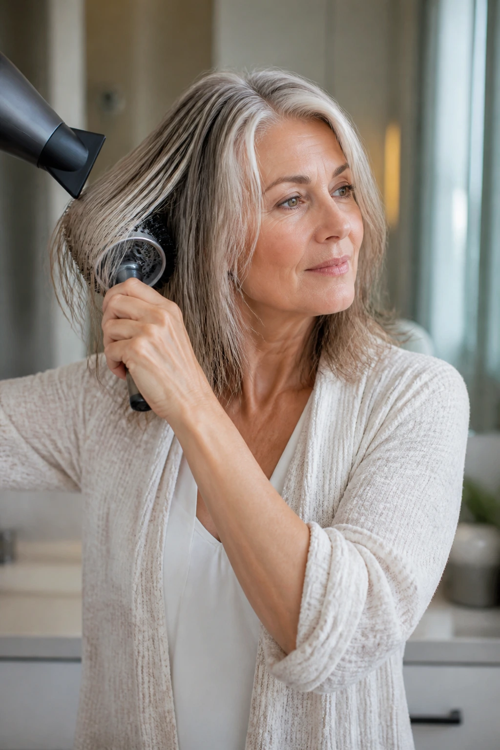 Woman using round brush and dryer to style hair in a bathroom