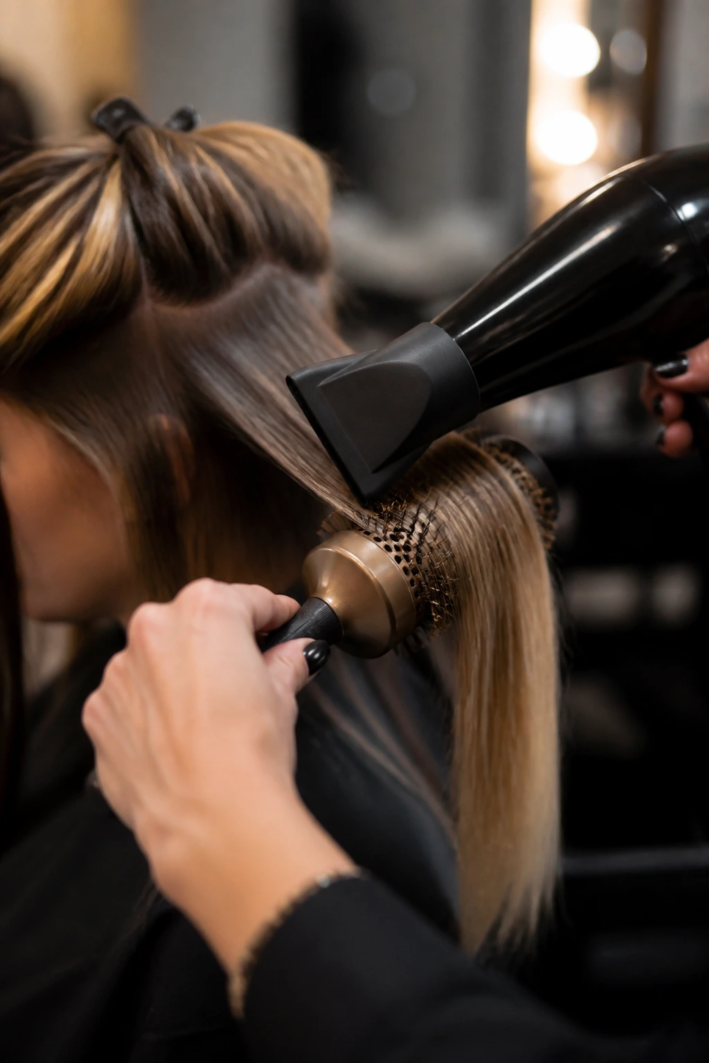 Hands with round brush and dryer nozzle styling a strand of hair in a real salon