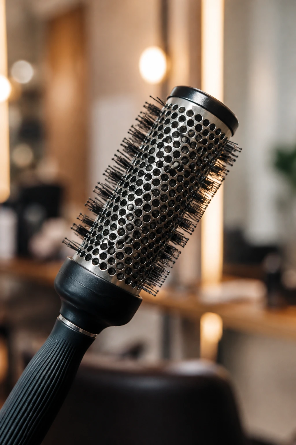 Close-up of a small round brush used for feathered bangs in a salon.