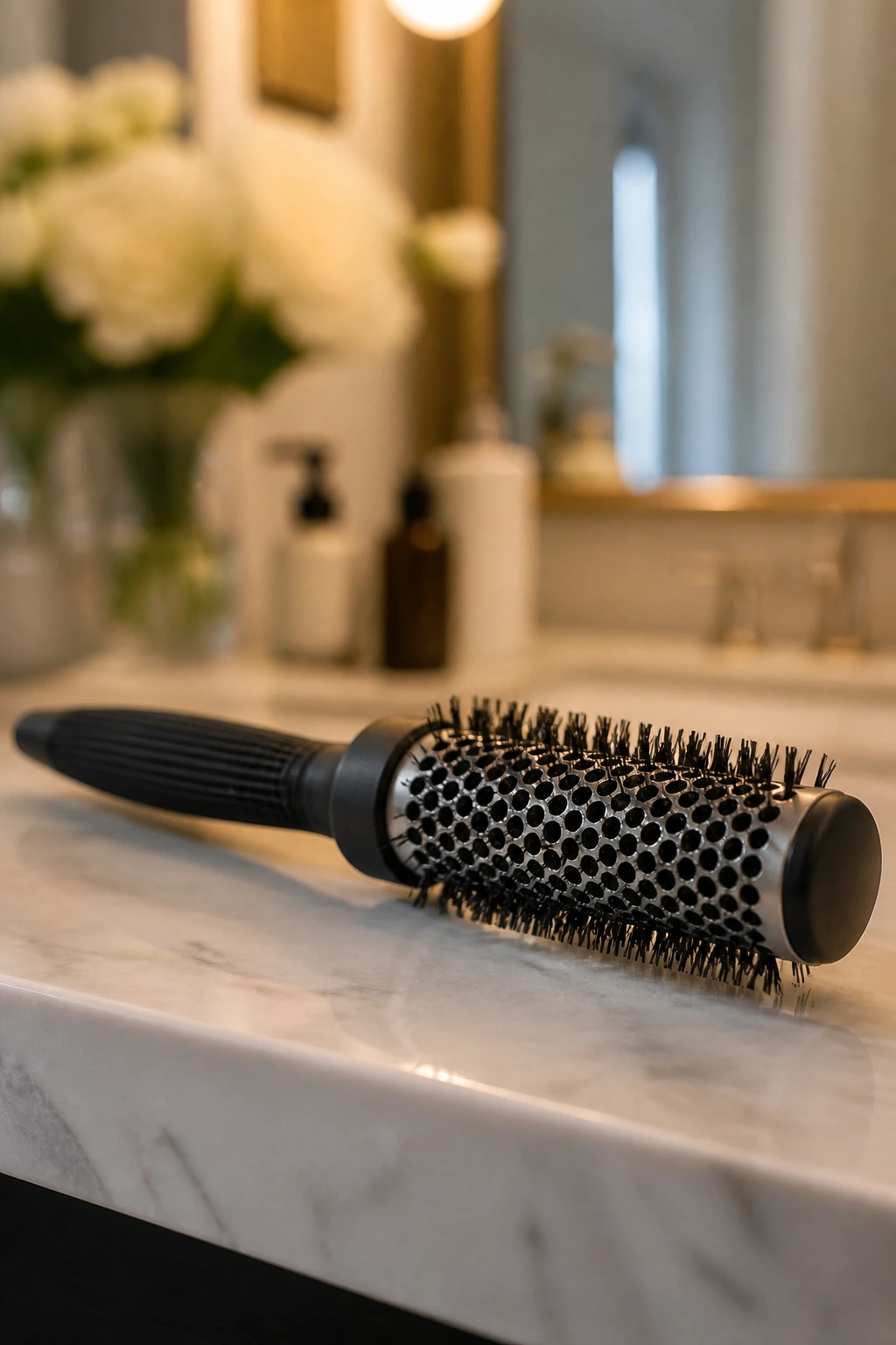 Close-up of a small round brush essential for lifting the crown in fine hair