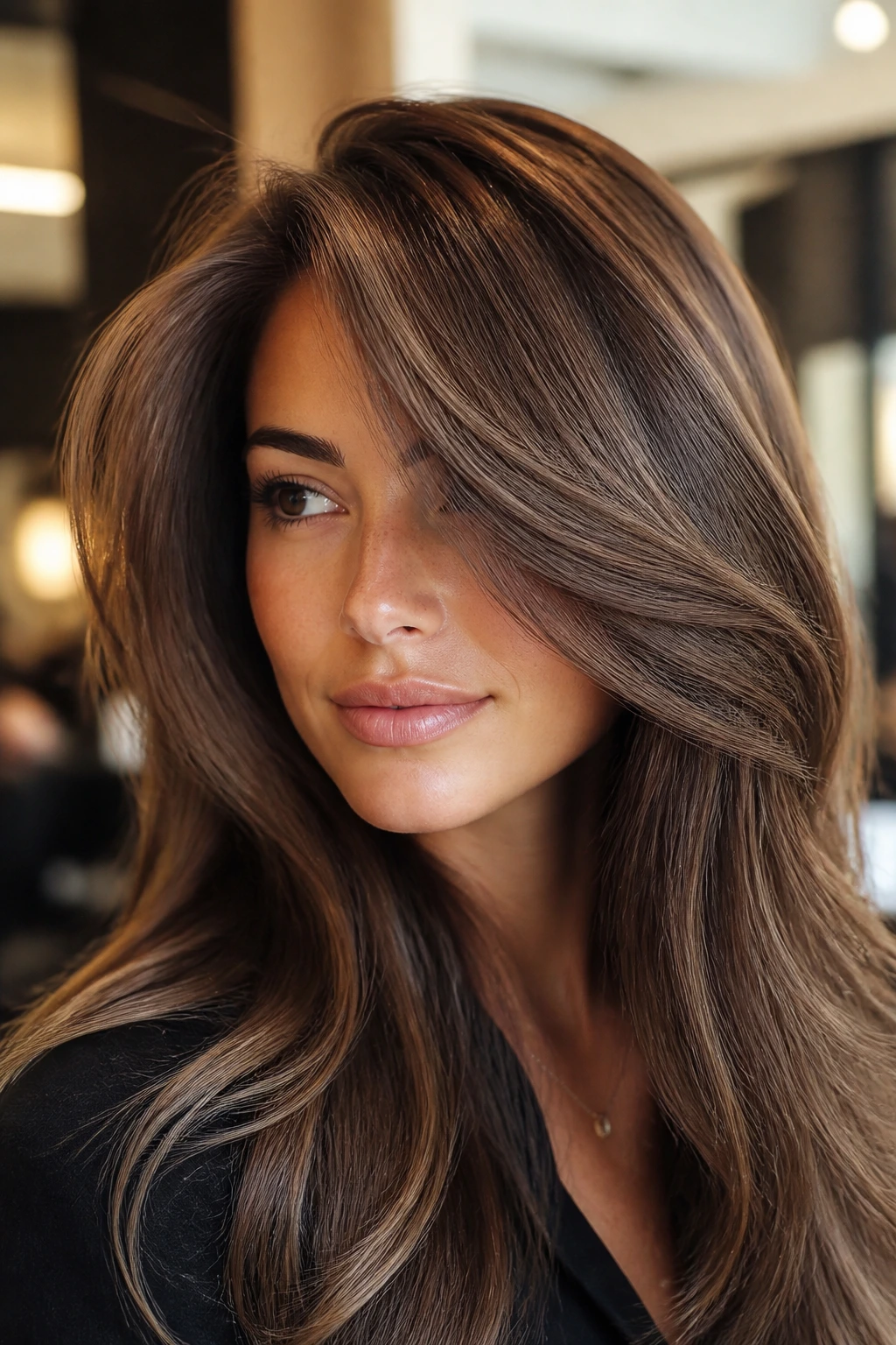 Close-up portrait of a real woman with a voluminous side-swept fringe created by a round brush in a salon