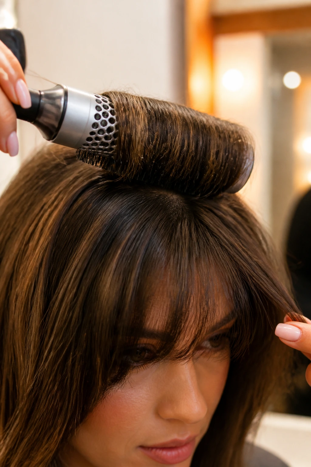 Close-up of fringe being styled with a round brush