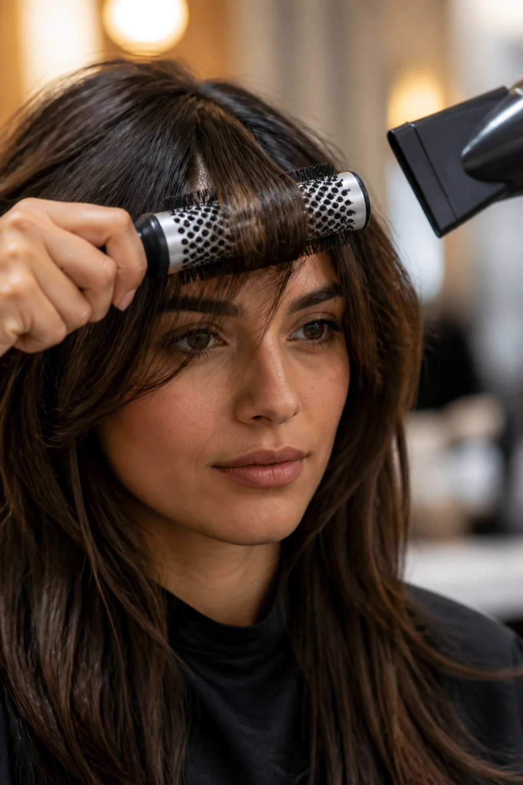 Person using a round brush to shape bangs in a salon.