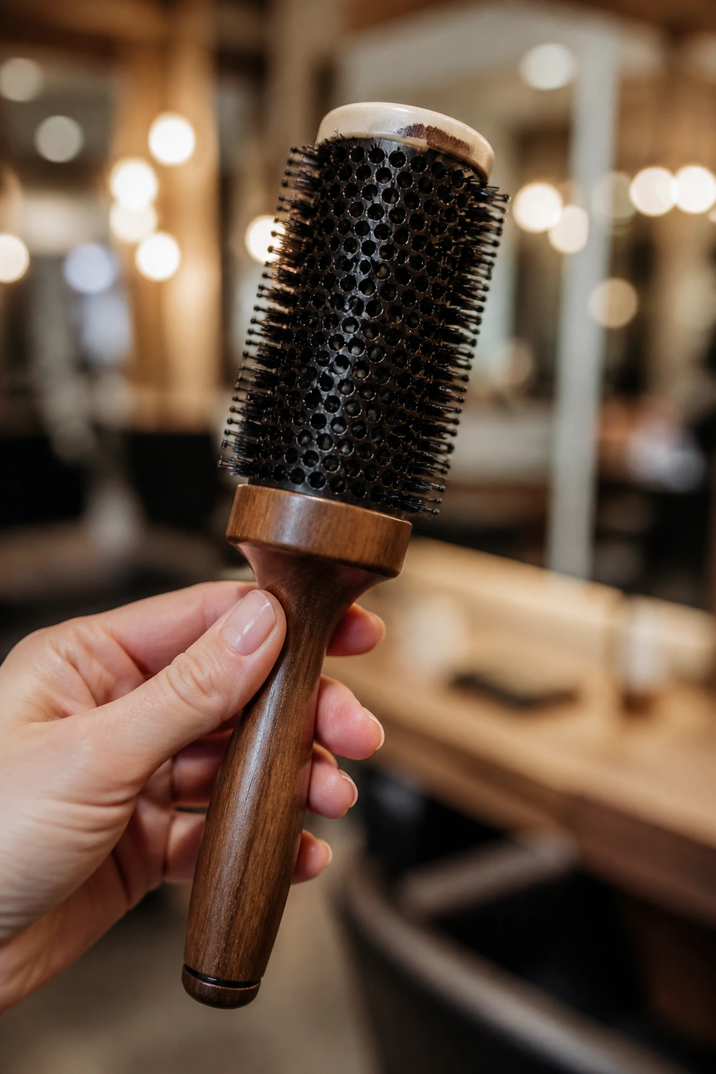 Close-up of a round brush used for styling long layers with bangs
