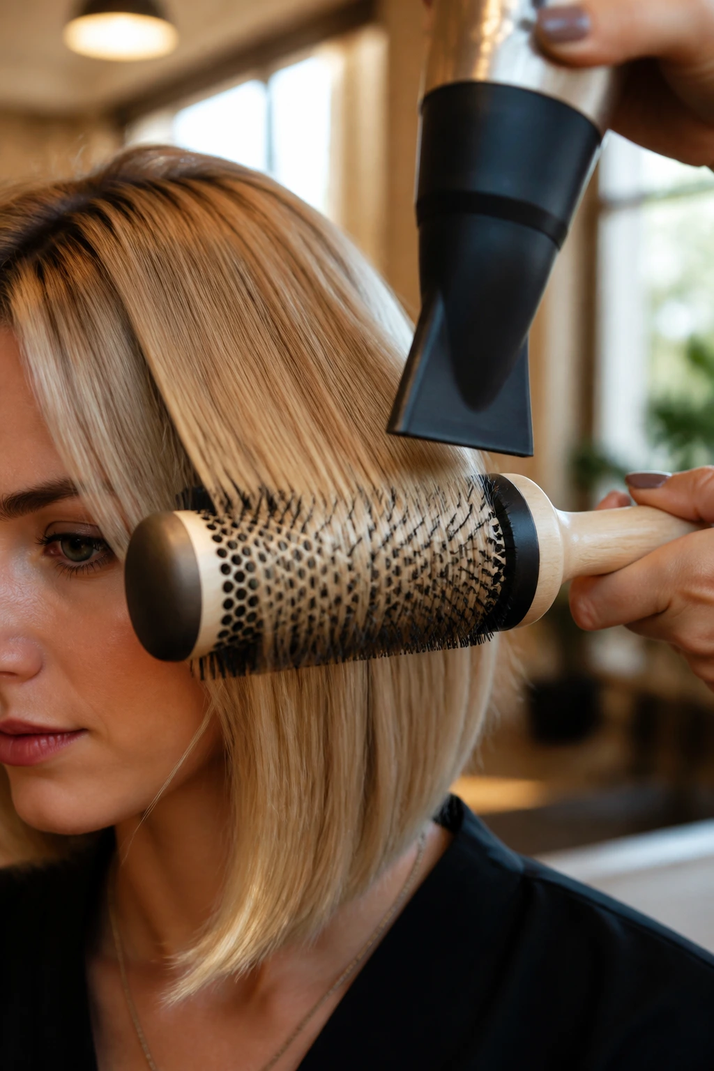 Close-up of a round brush styling a blonde bob in a salon
