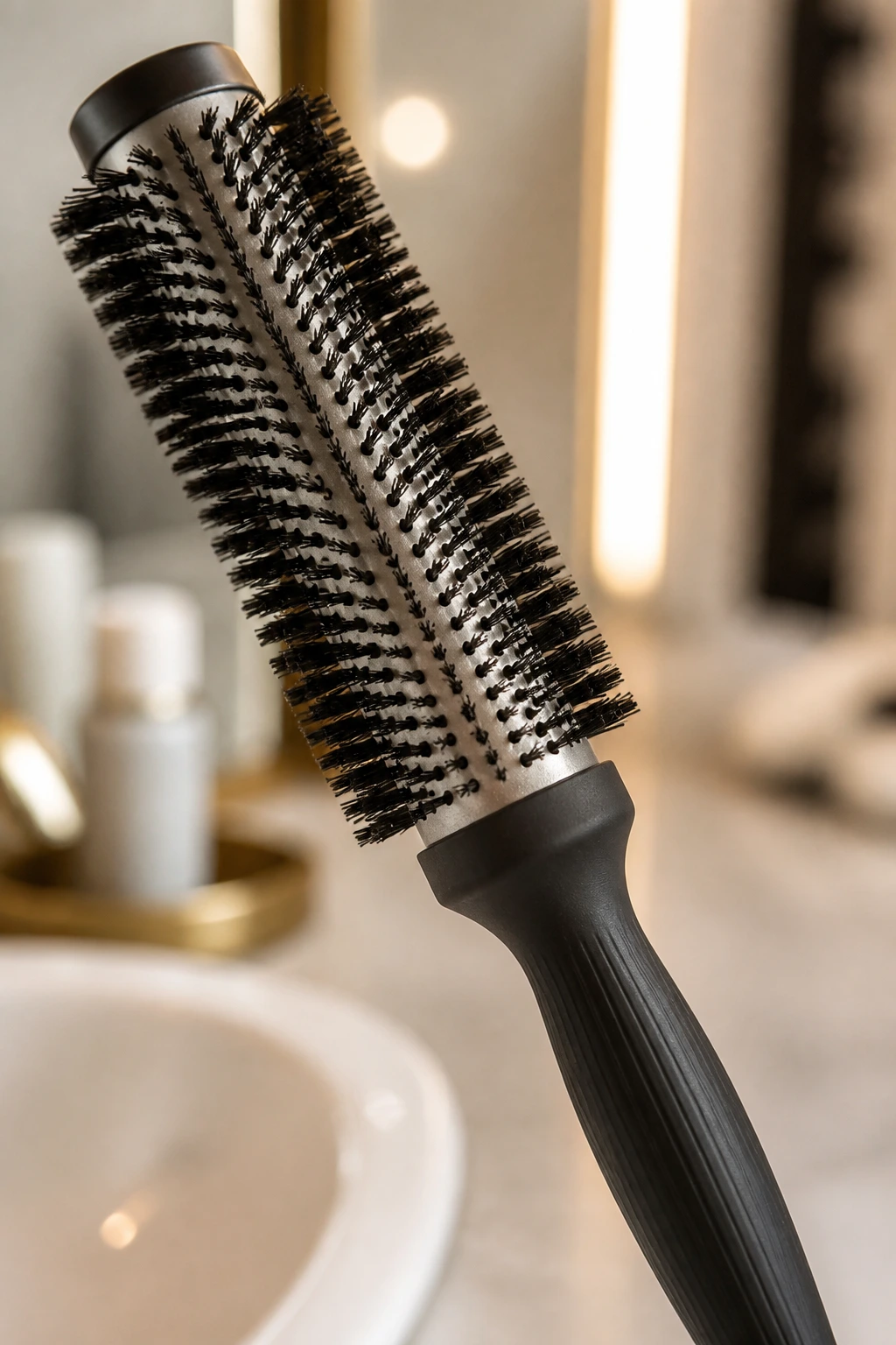 Close-up of a round hair brush as the hero tool for short fine hair