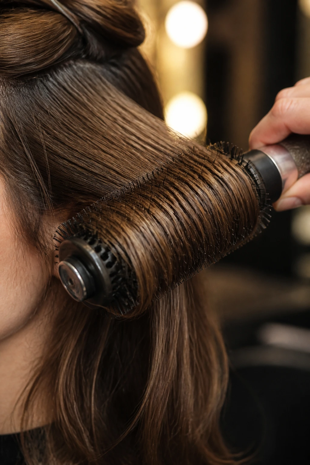 Close-up of a round brush styling long hair in a salon