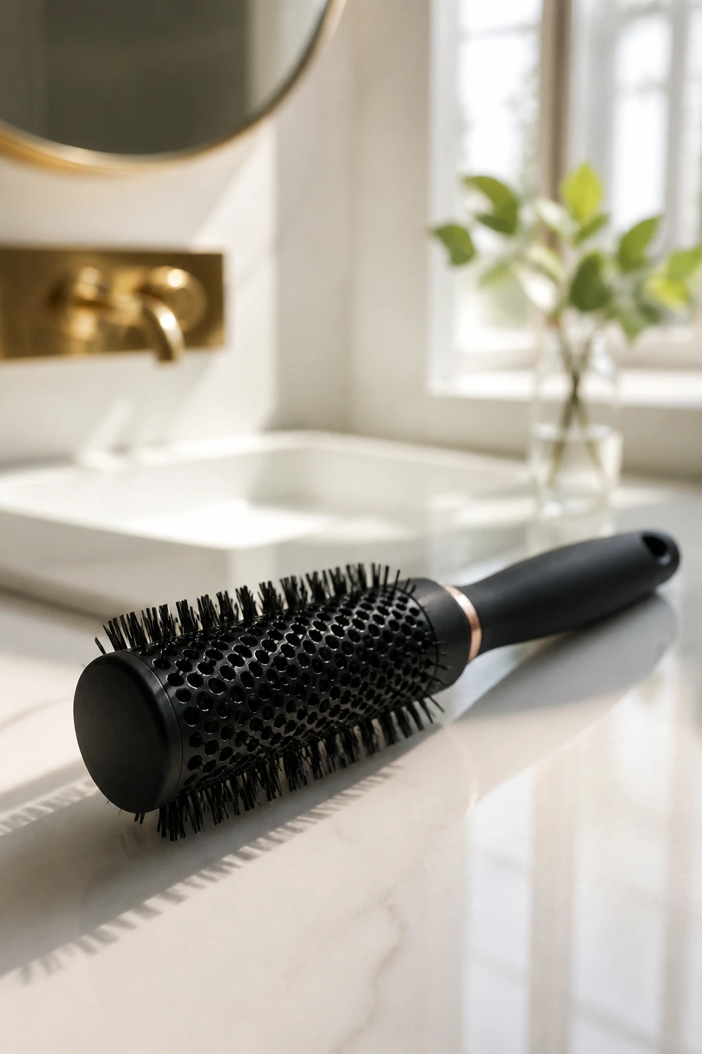 Close-up of a small round brush on a bright vanity counter.