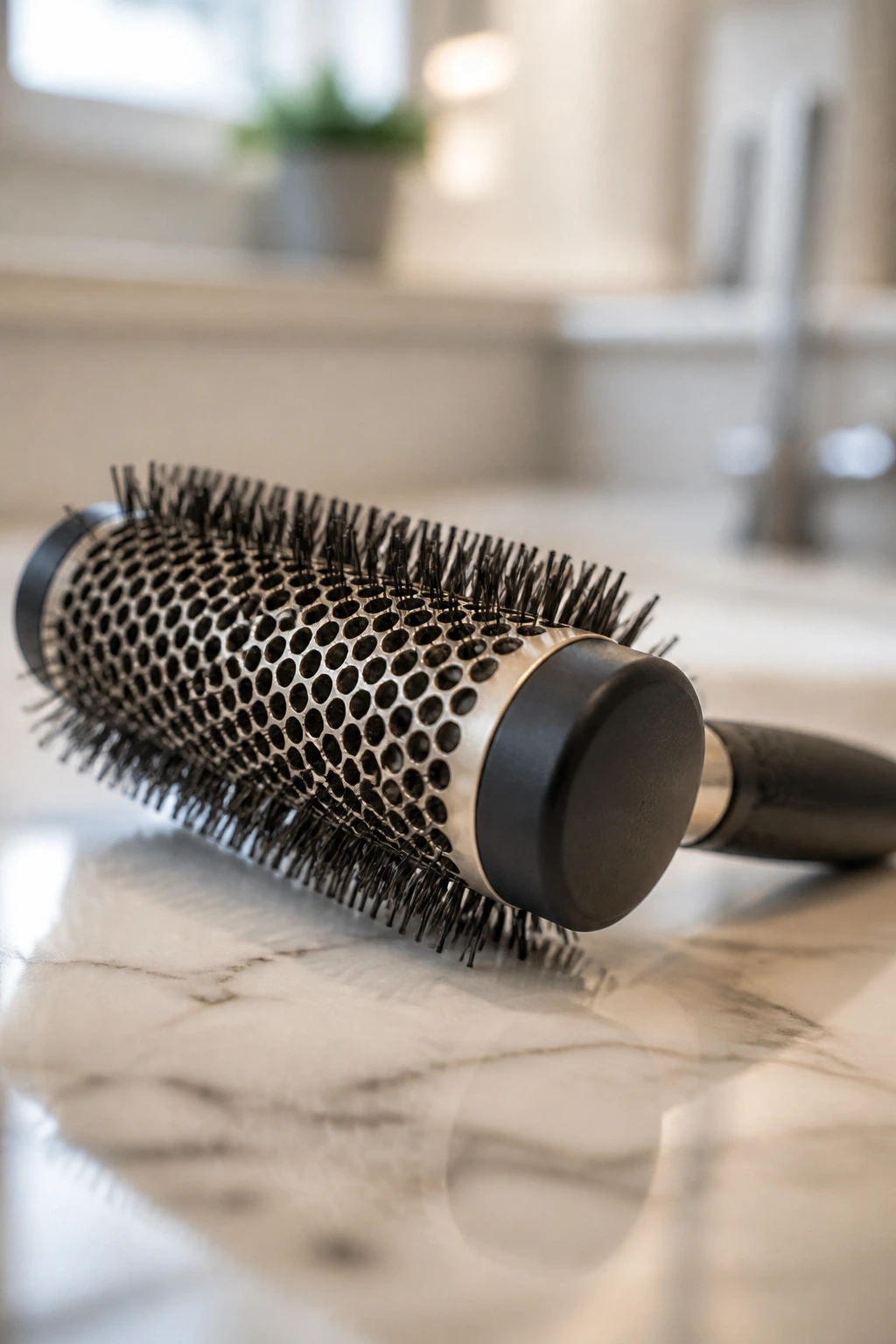 Close-up of a round hair brush on a clean bathroom counter