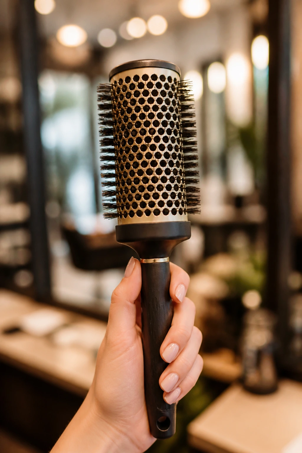 Close-up of a round brush held in hand with a blurred salon background