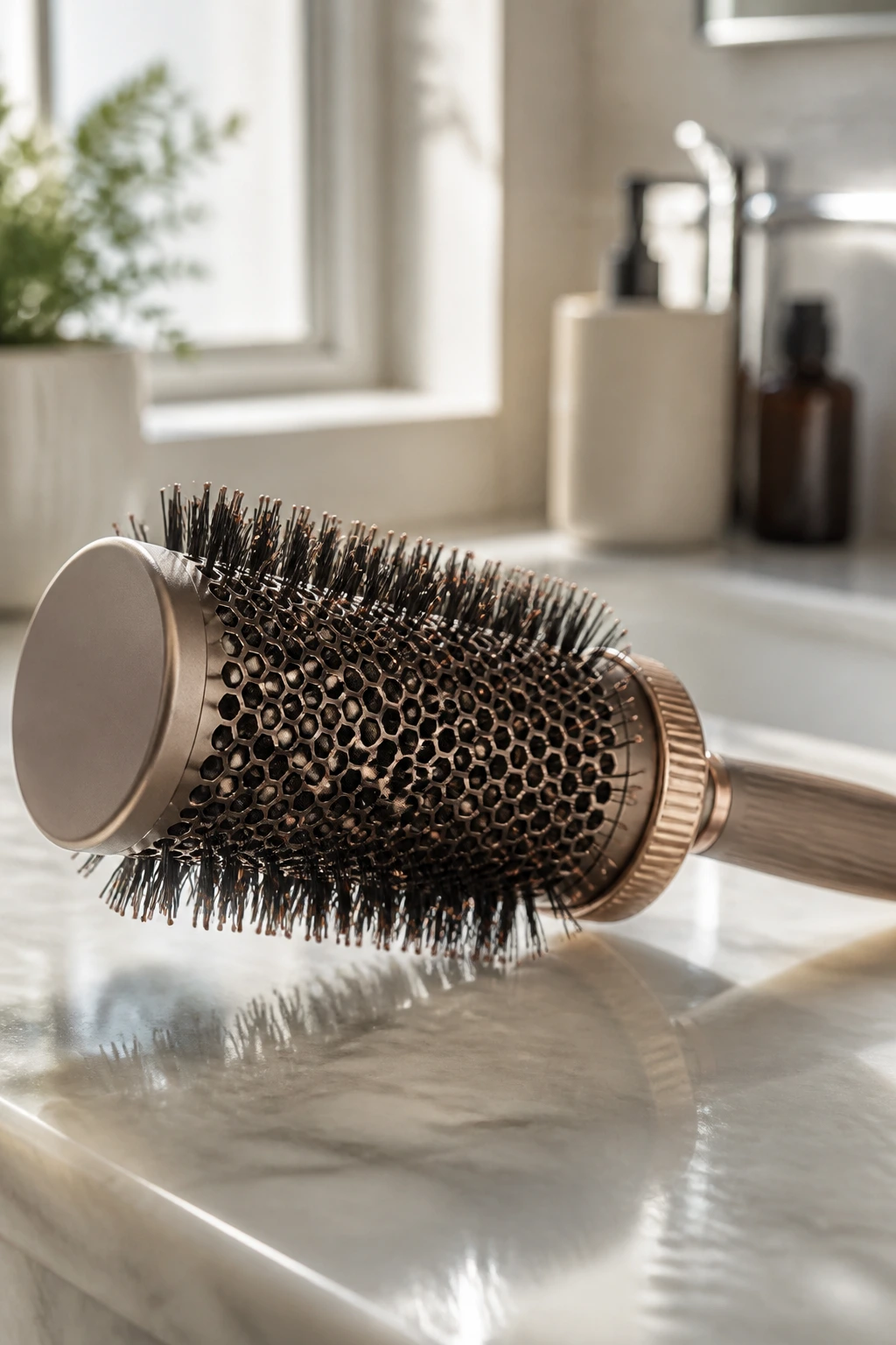 Close-up of a round brush on a bathroom counter.
