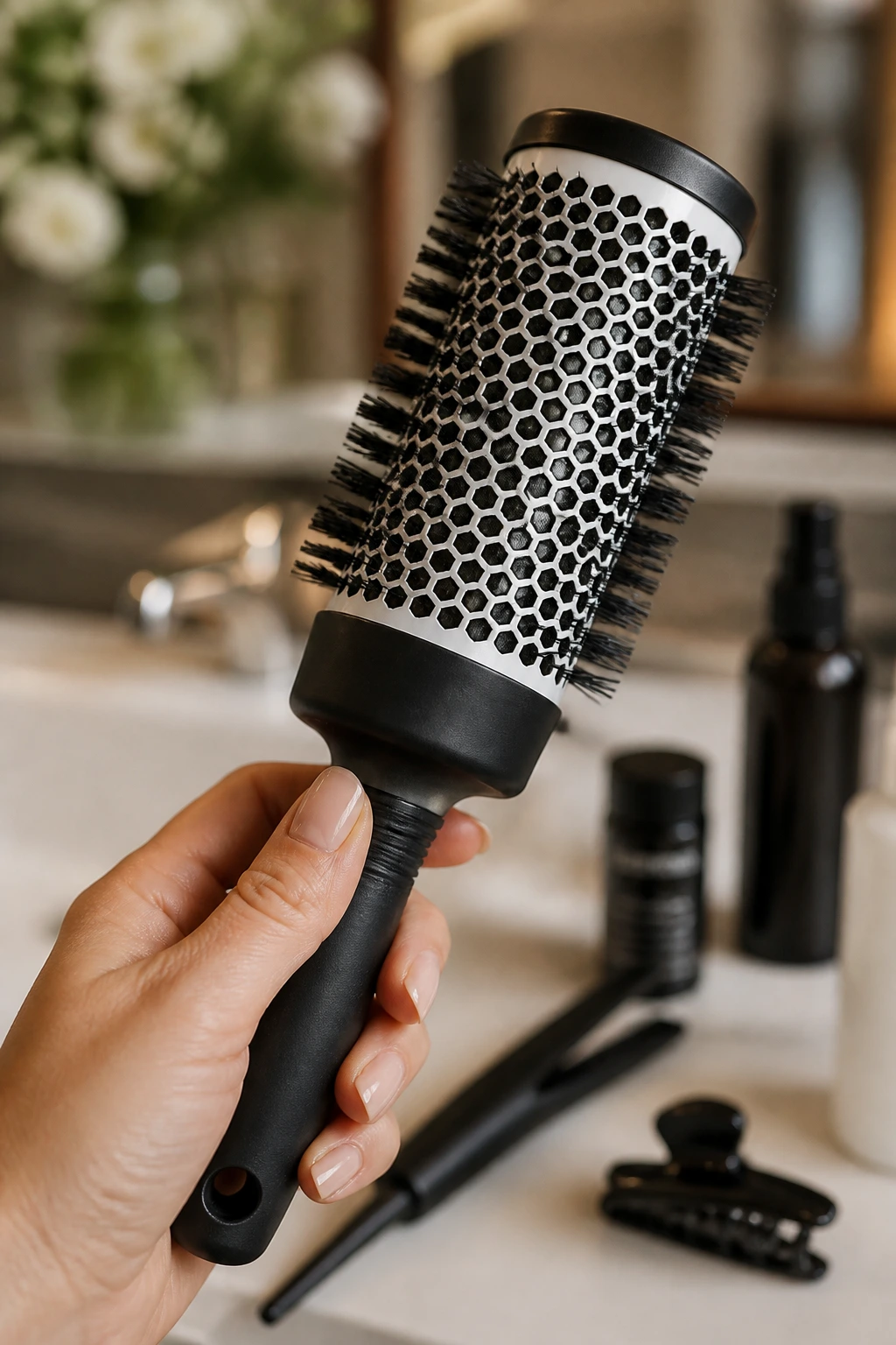 Close-up of a round hairbrush in a vanity setting for bangs