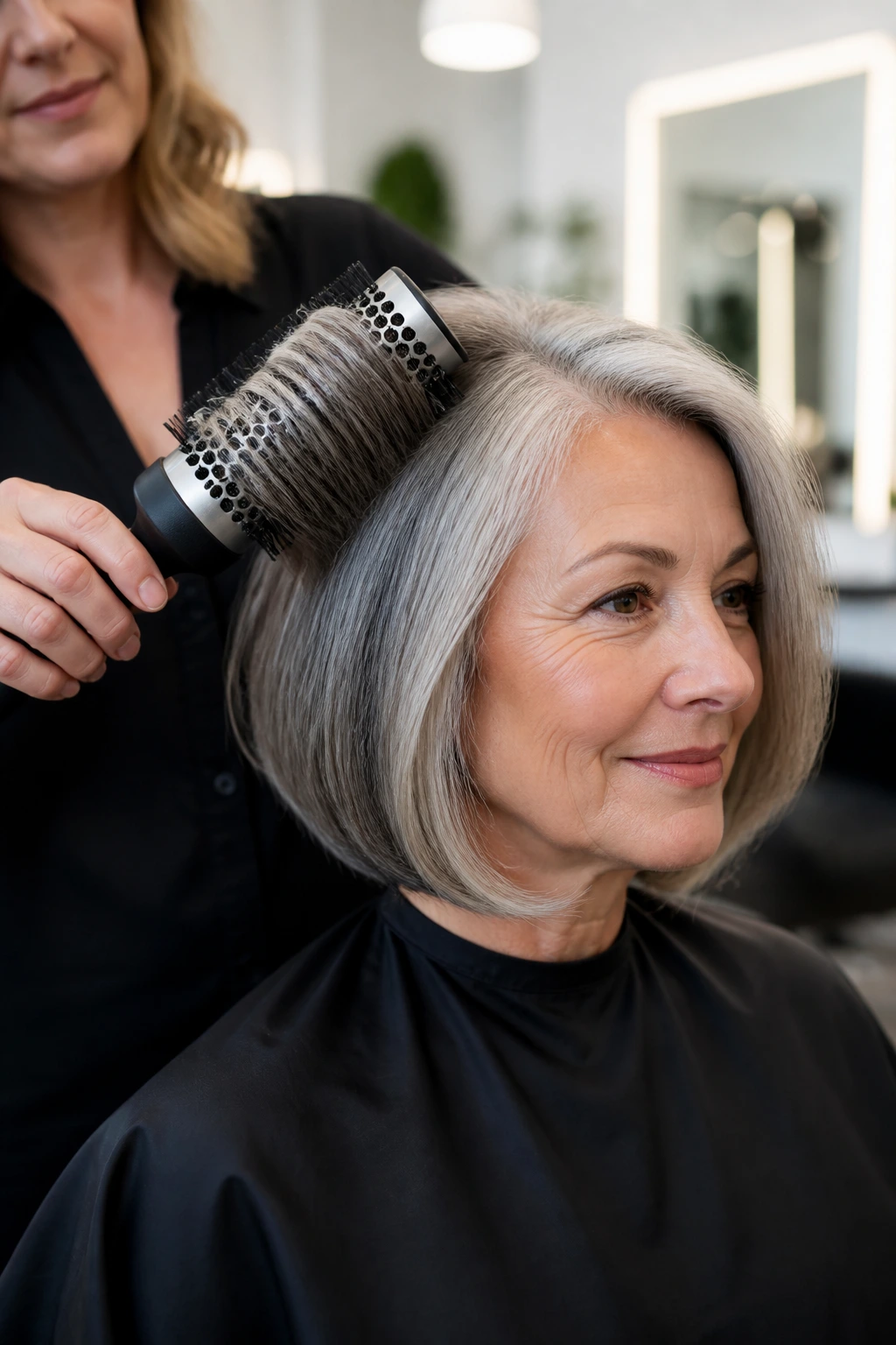 Real woman styled with round brush in a bright salon