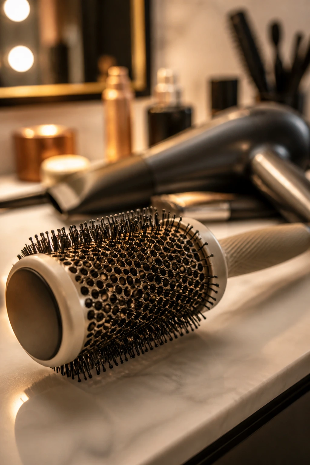 Close-up of round hairbrush on a salon counter as the focal point