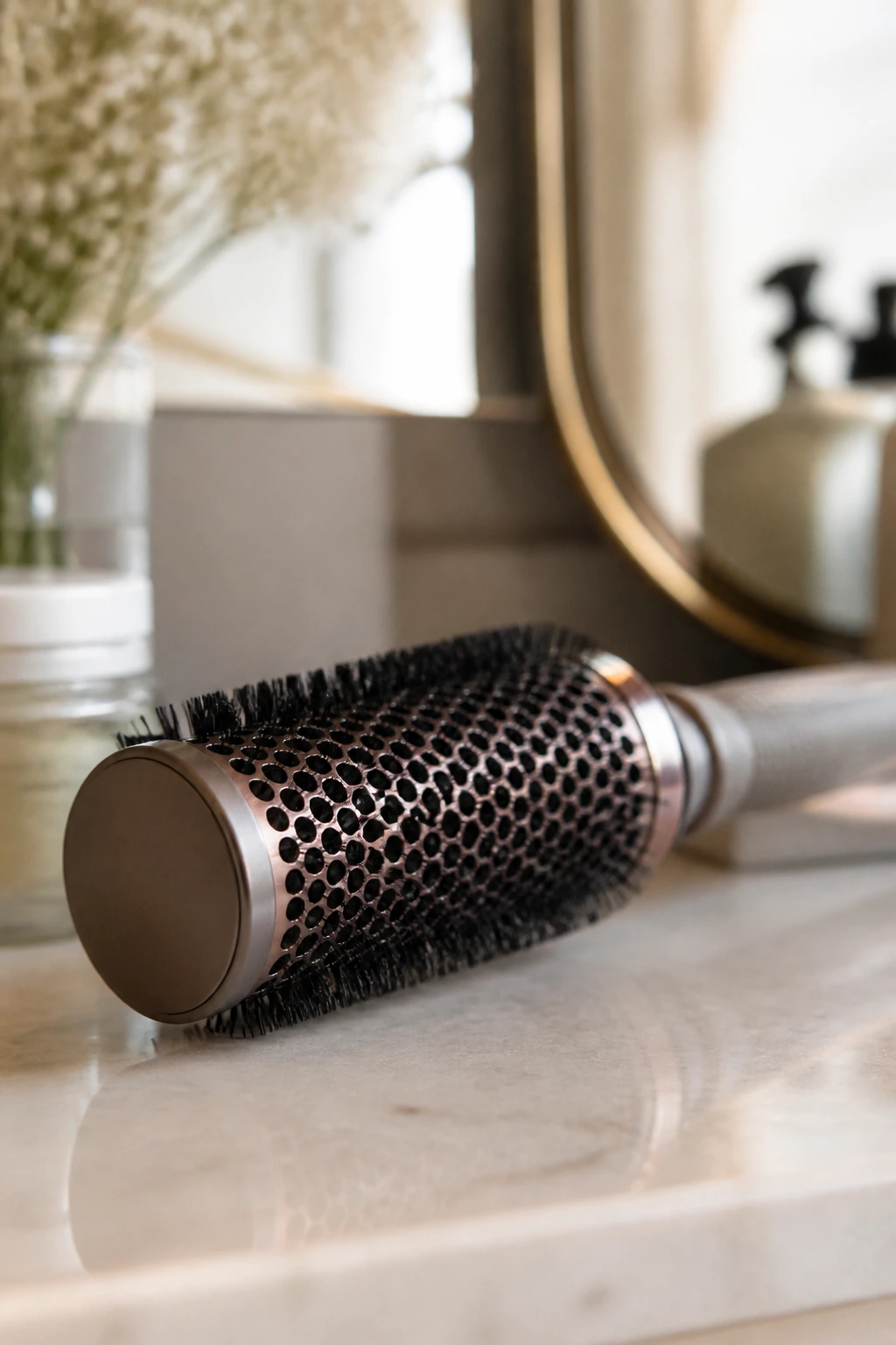 Close-up of a round brush tool for styling long layers and curtain bangs