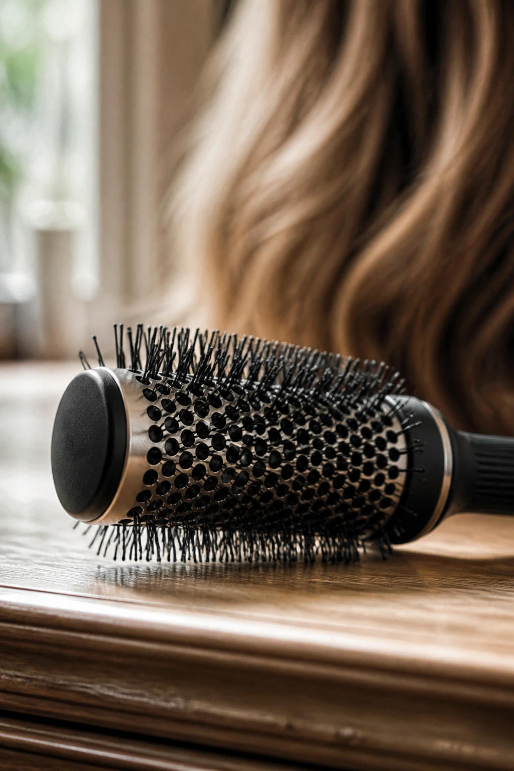 Close-up of a small round brush for bangs and layers on a warm vanity.