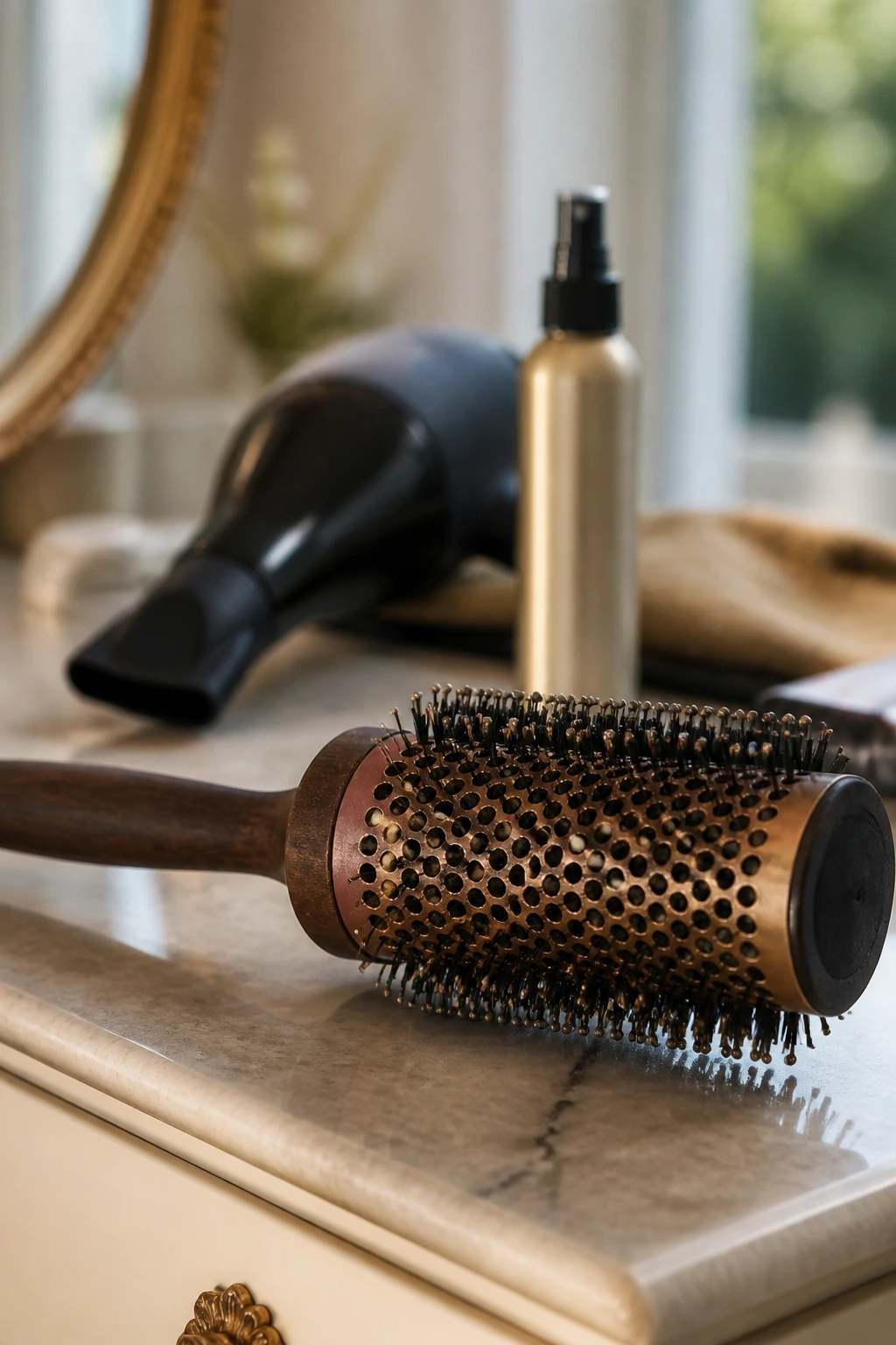 Close-up of a round brush on a vanity with soft background hair-care products