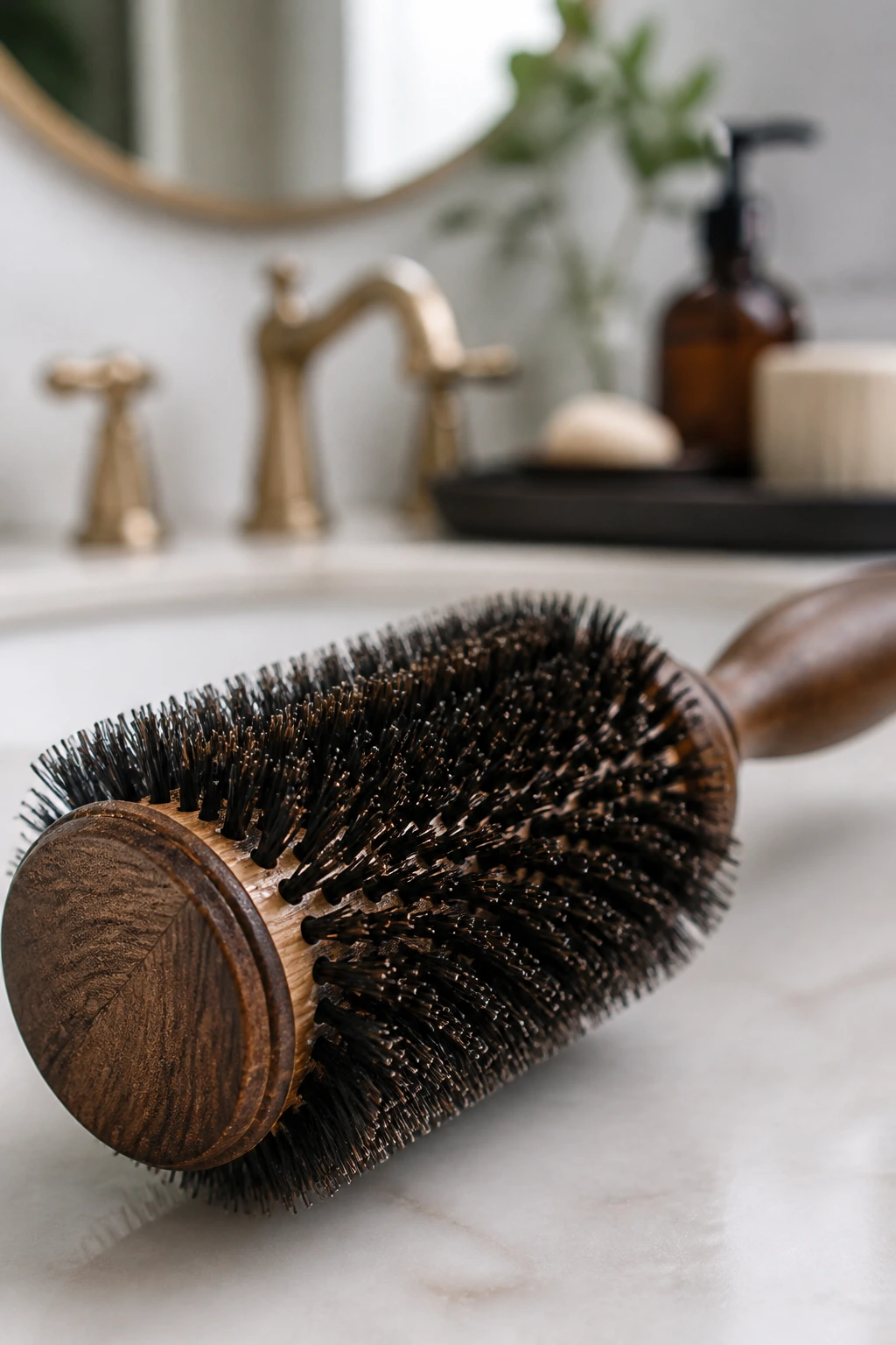 Close-up of a round brush (1.25-1.5 inches) for home styling