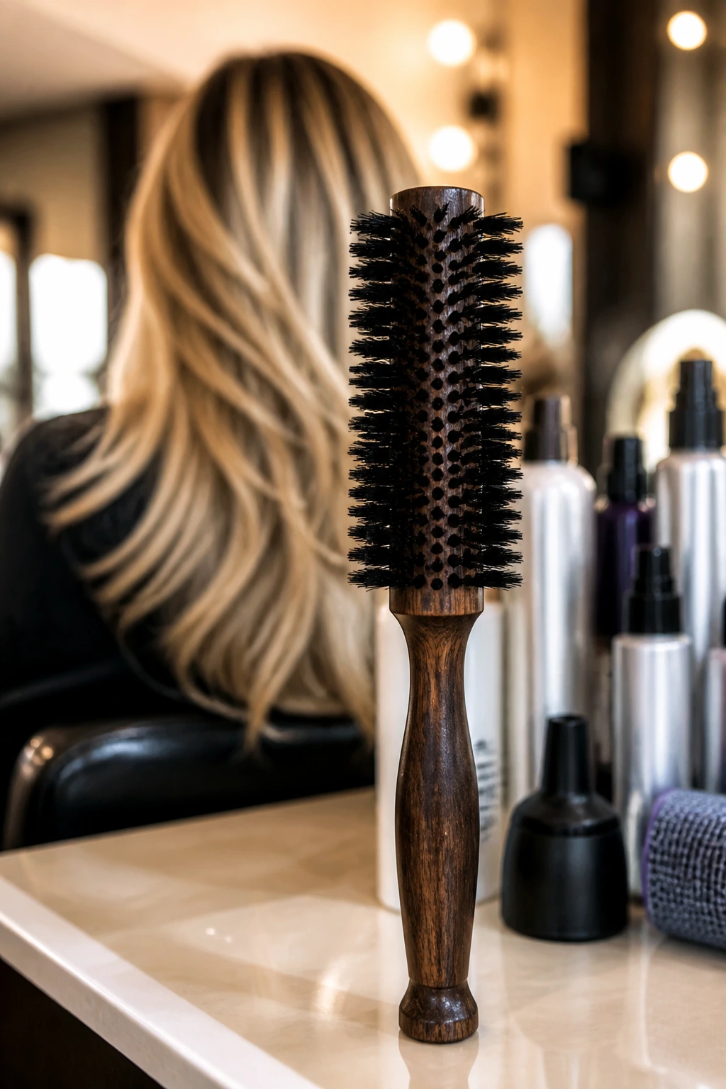 Close-up of a round hair brush on a salon counter with blurred hair in the background