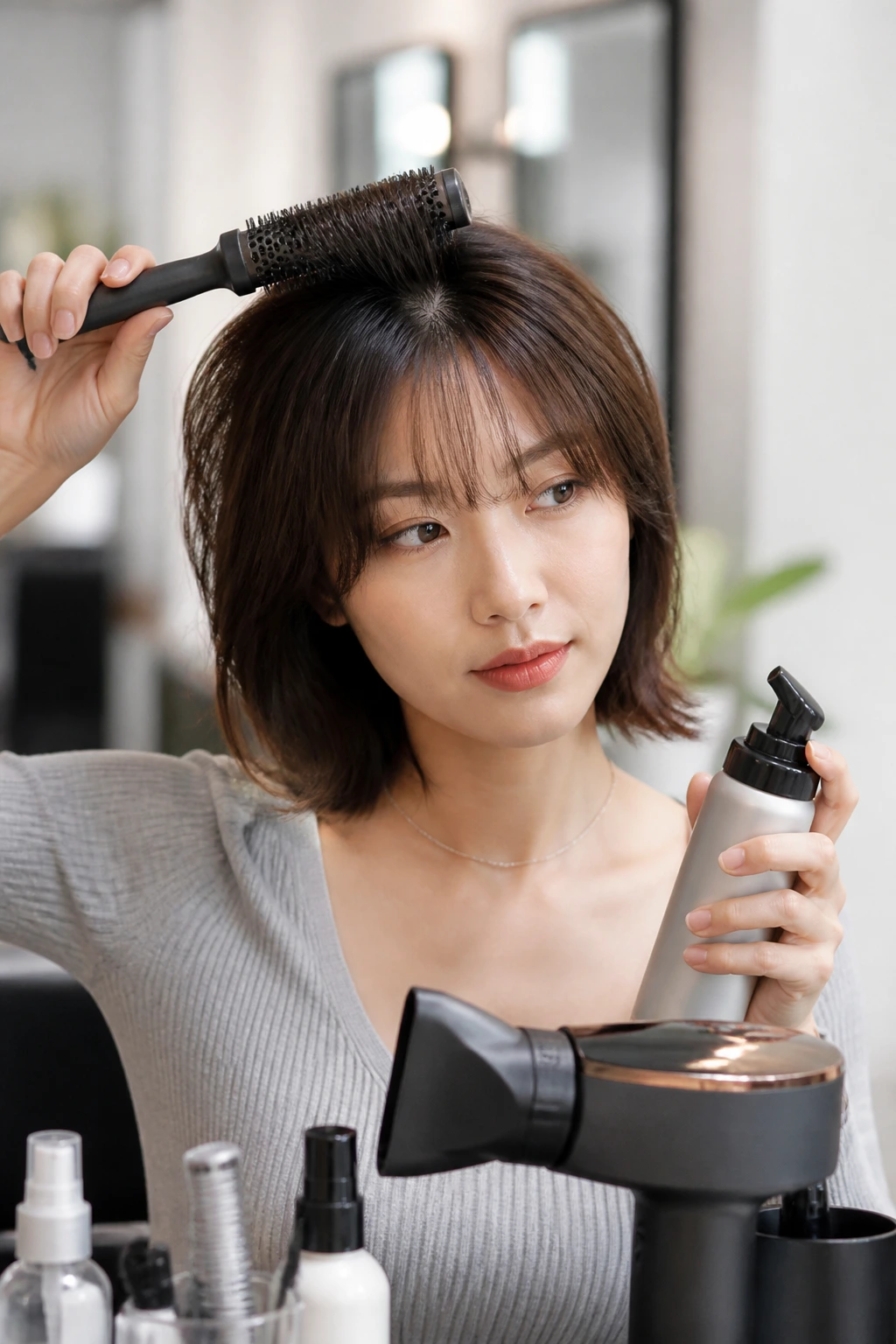 Portrait of a woman in a salon showing hair and a round brush near the crown