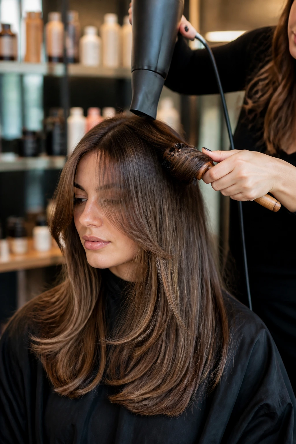 Close-up of hands styling hair with a round brush and nozzle dryer in a salon