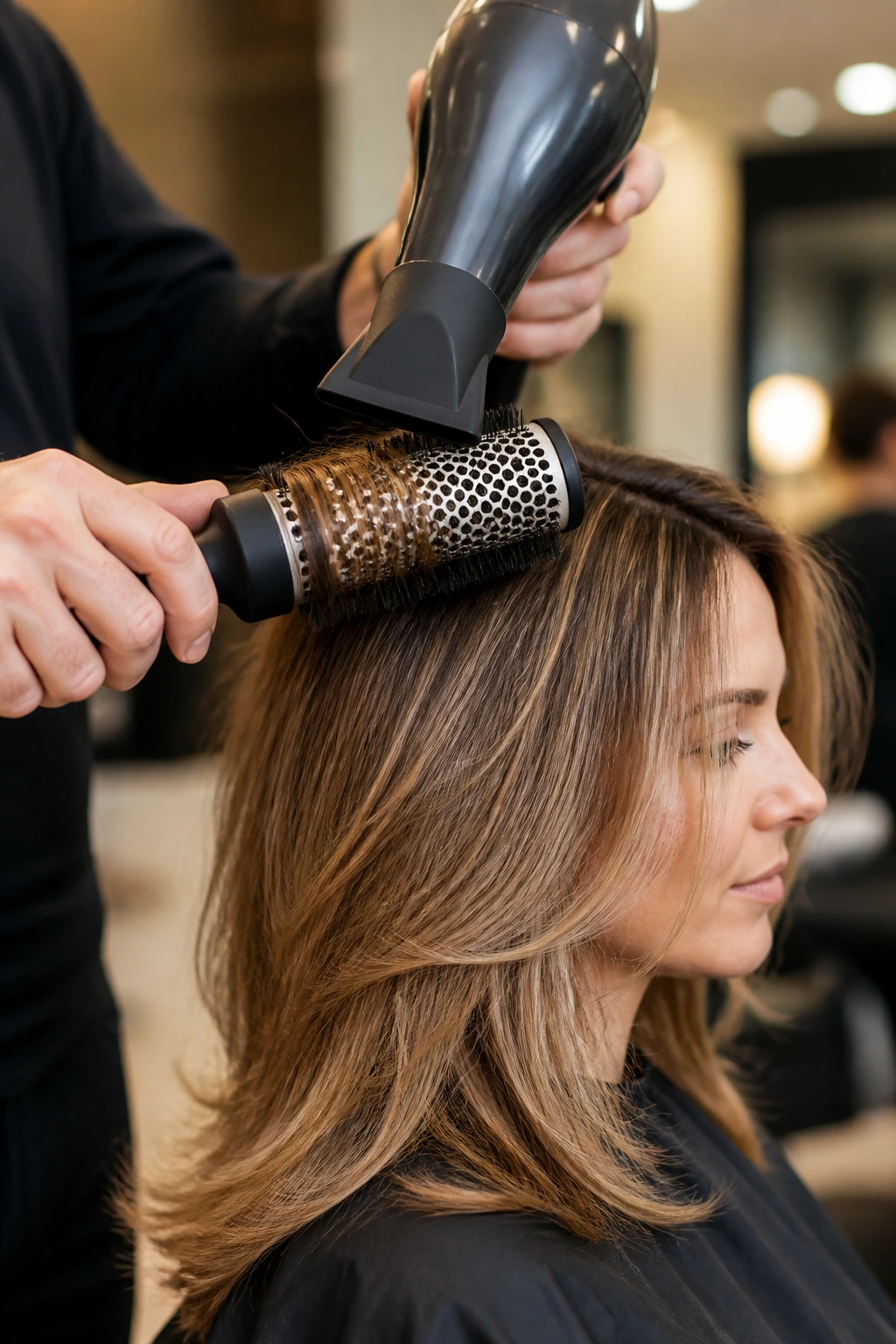 Hands using a round brush and nozzle dryer on hair in a salon