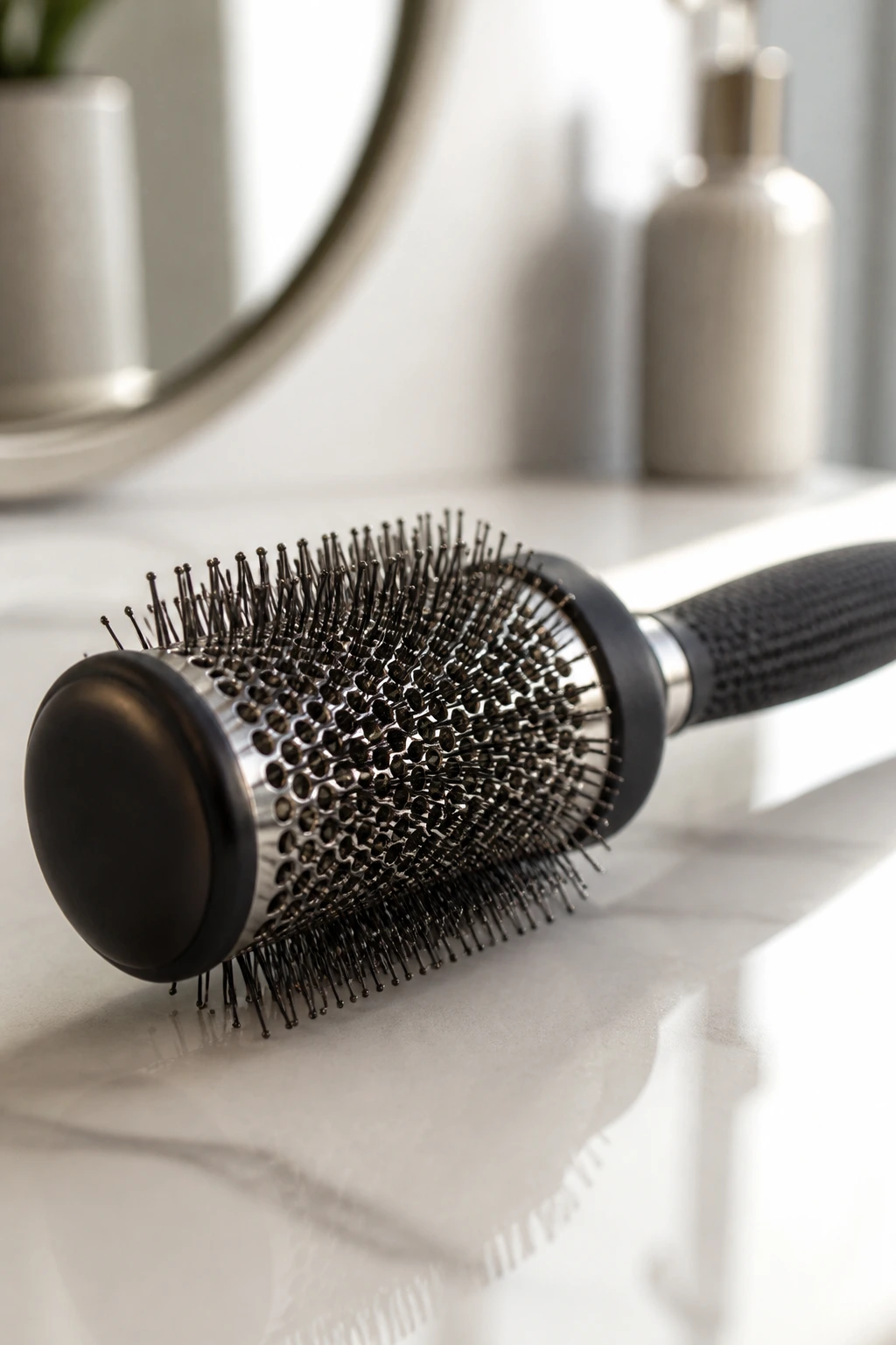 Close-up of a round brush used for styling fine hair.