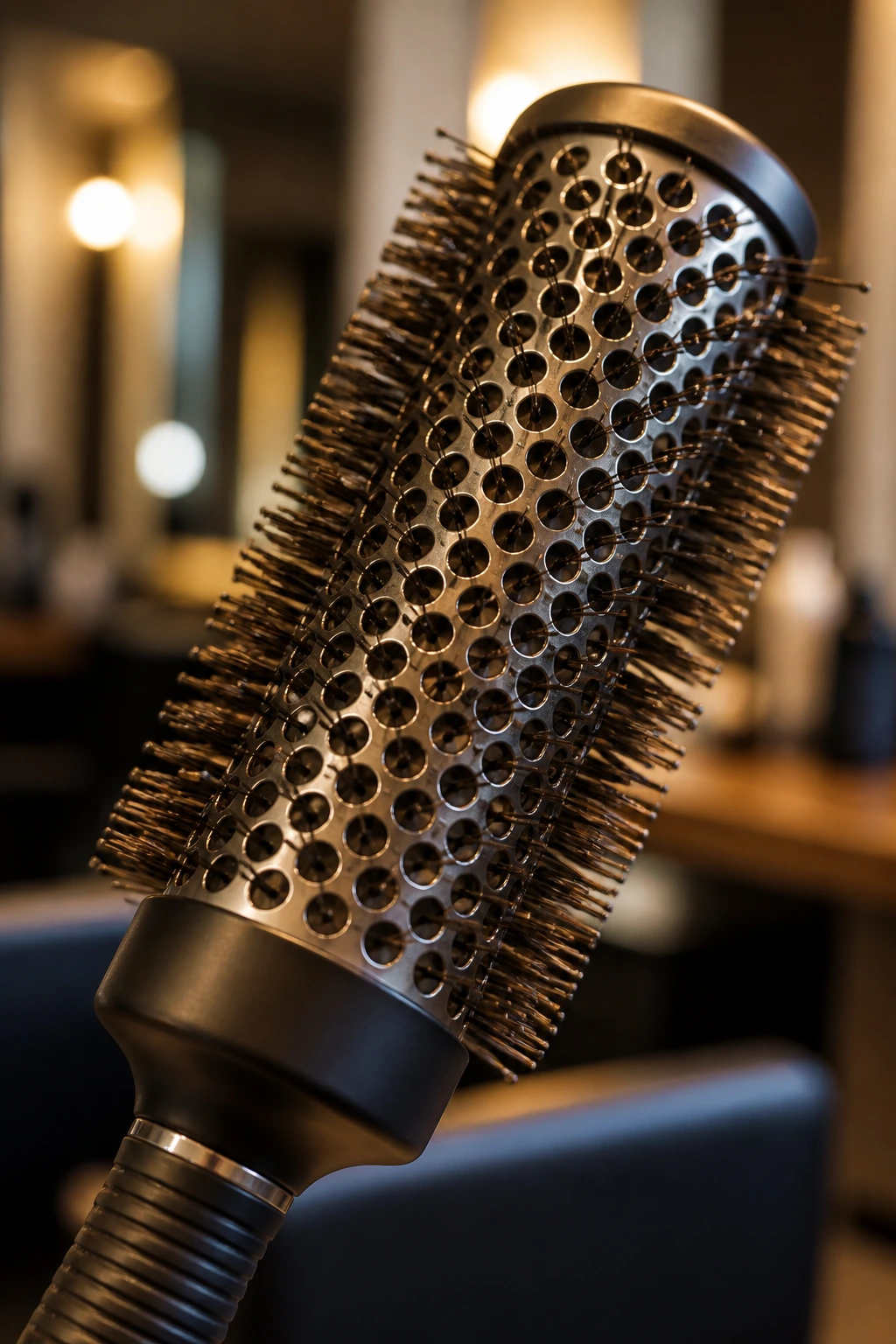 Macro close-up of a round brush in a salon