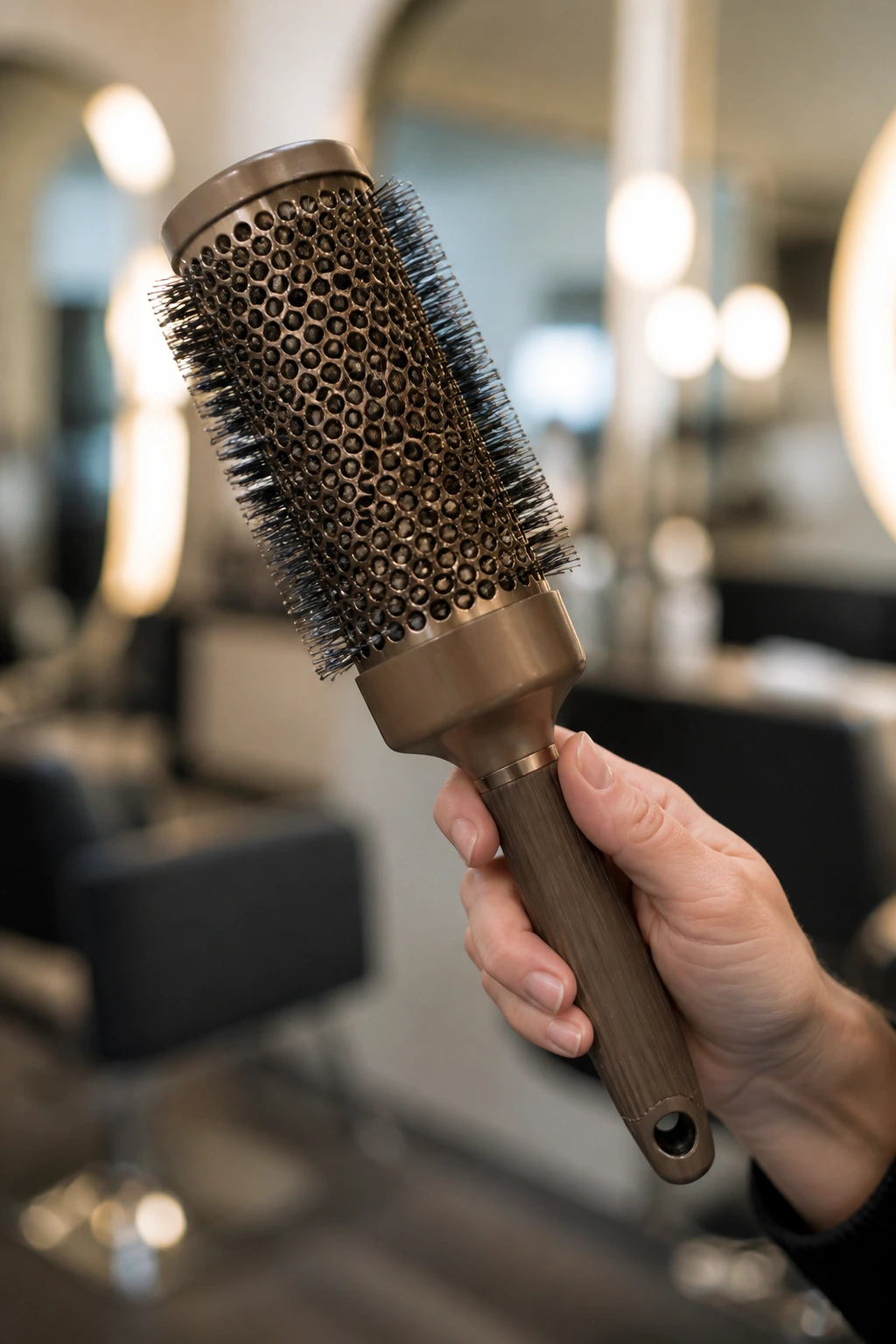 Close-up of a round brush in a salon setting
