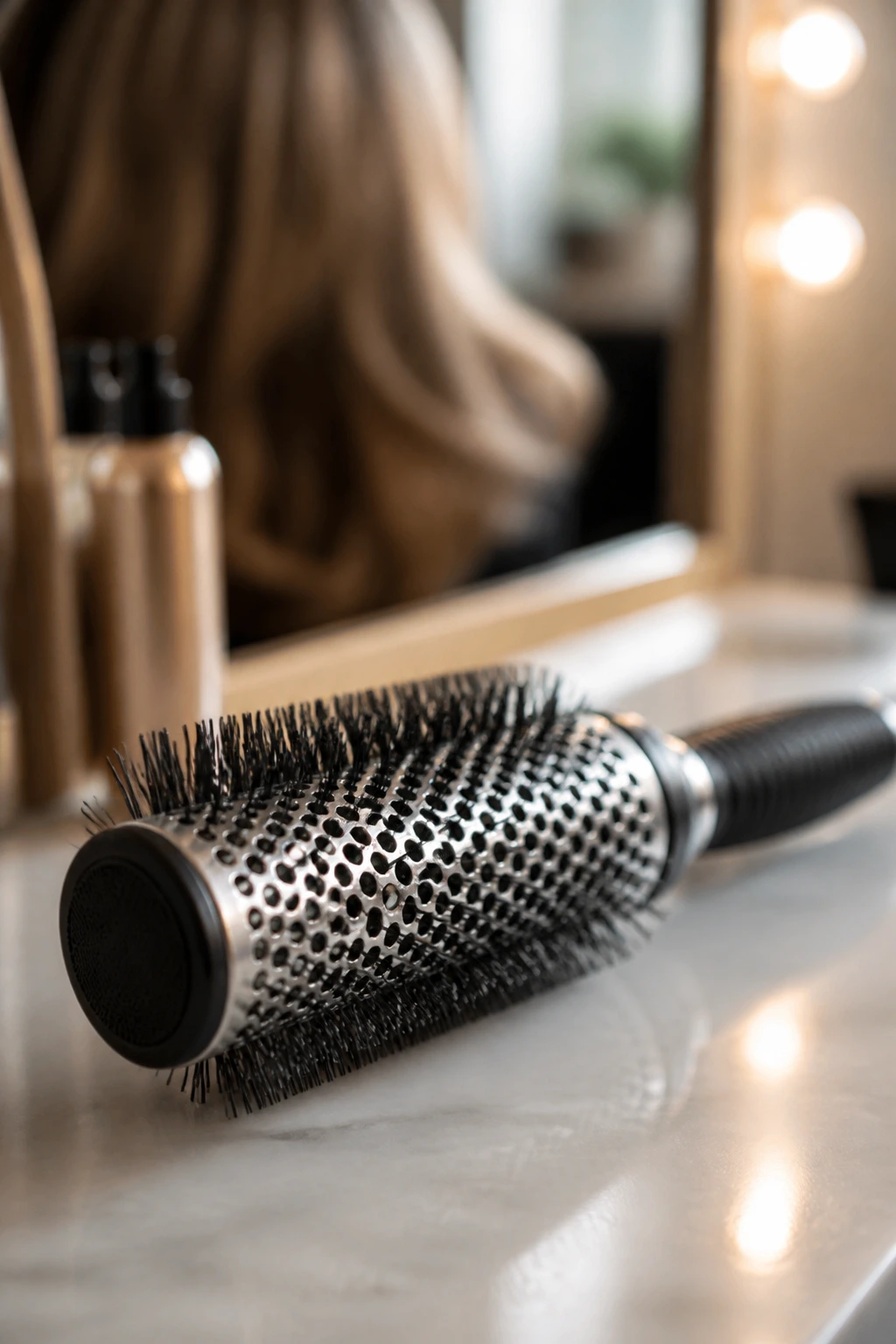 Close-up of a 1.5-inch round brush on a salon vanity in a warm setting