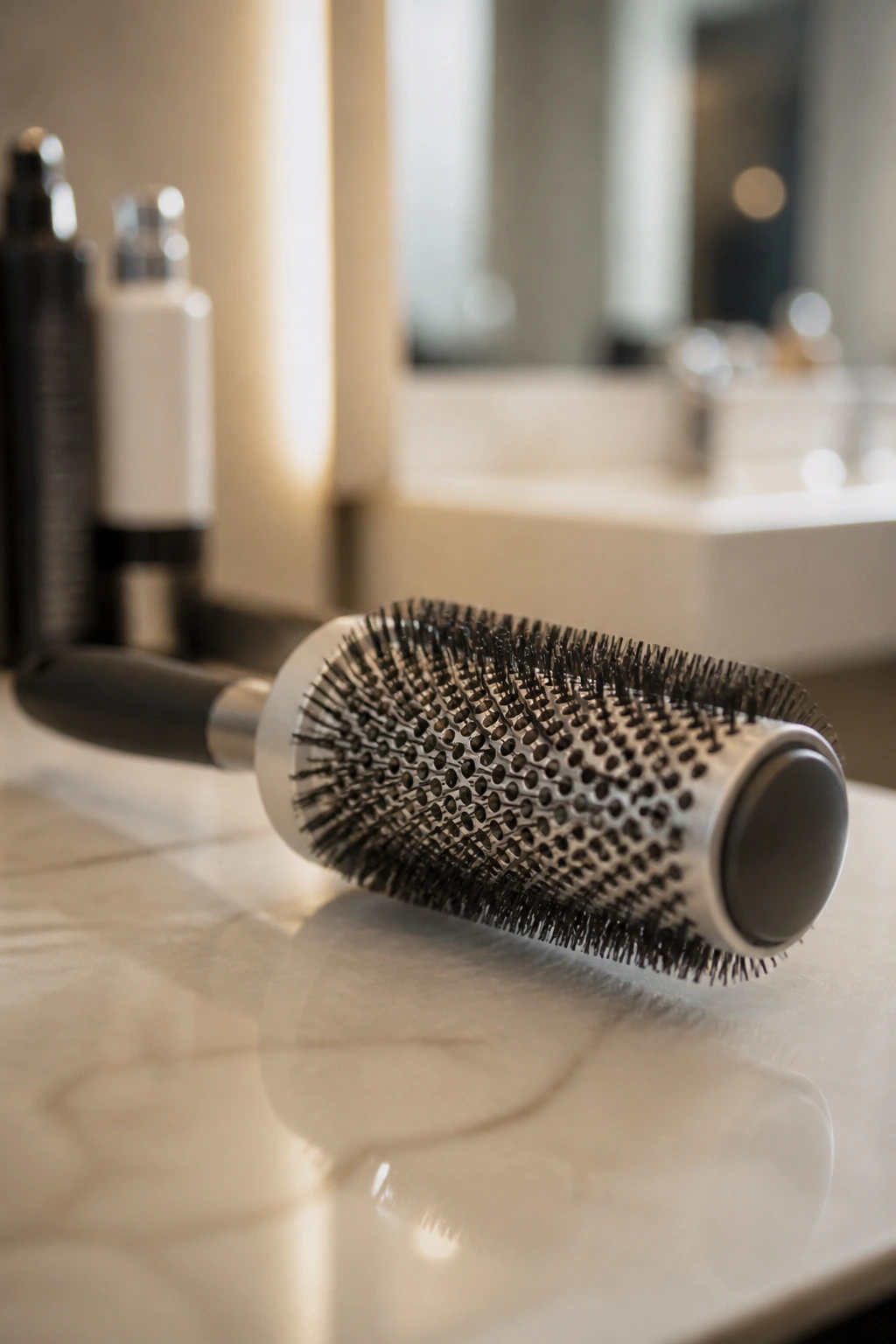Close-up of a round brush on a salon counter