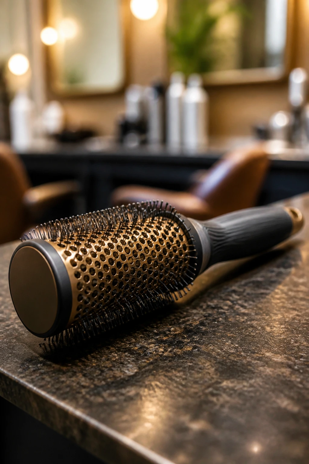 Close-up of a ceramic round brush on a salon counter