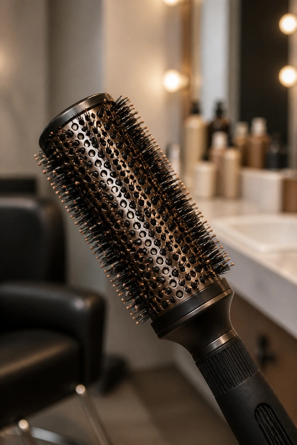 Close-up of a professional round brush in a salon/bathroom setting
