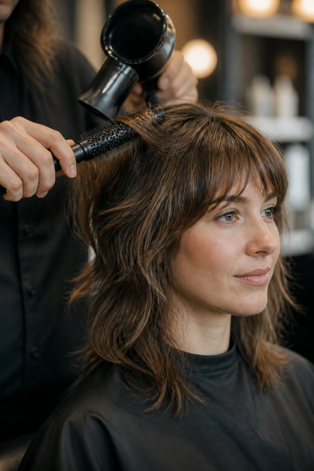Portrait of real person in salon using a round brush for shag styling